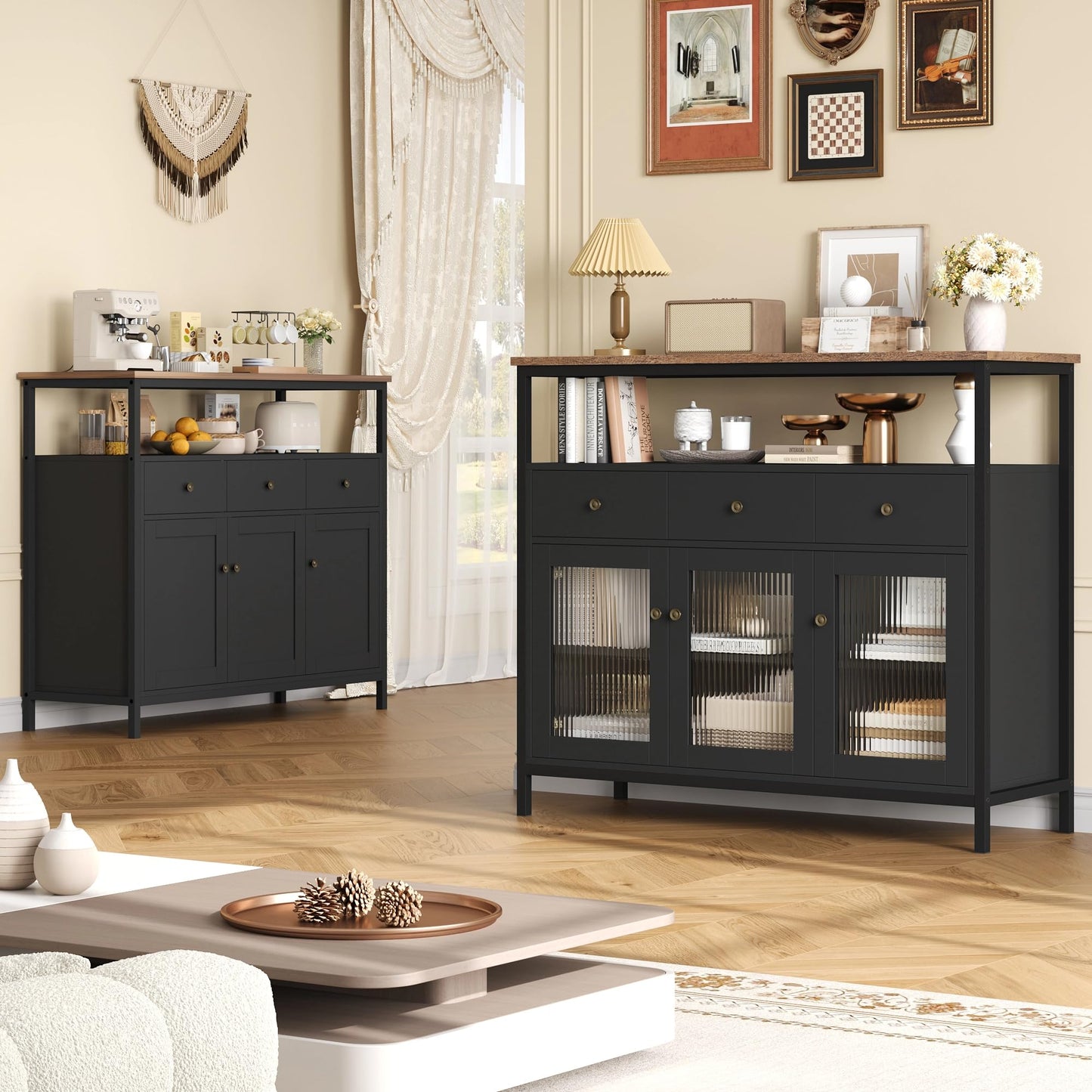 FirFurd Sideboard Küchenschrank mit Arbeitsplatte ＆3 Schubladen＆3 Glastüren, Buffetschrank Kommode Kaffeebar Mehrzweckschrank, Sideboard für Wohnzimmer Küche Esszimmer 108 x 38 x 98,5 cm schwarz
