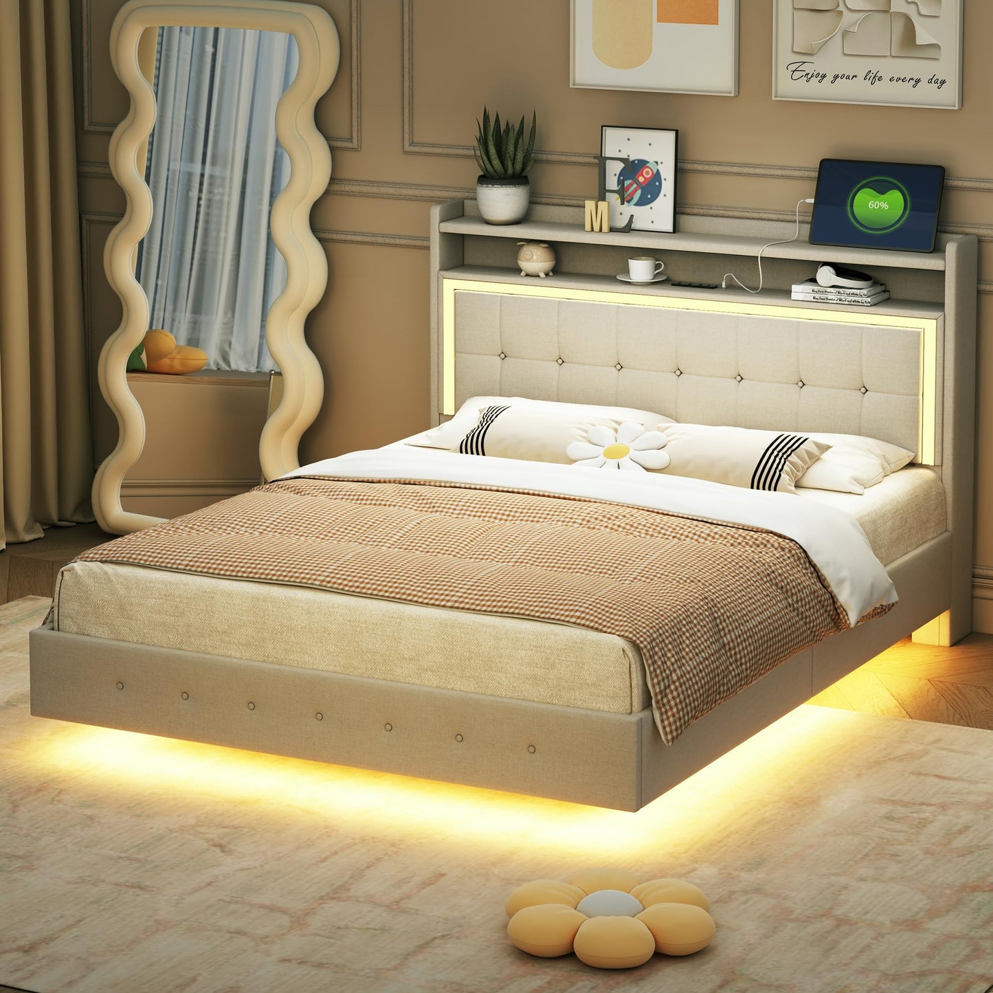 Polsterbett Doppelbett 140x200 cm mit LED-Beleuchtung und USB-Ladeanschluss, Bett mit Stauraumkopfteil, Stauraumbett mit Metallrahmen und Lattenrost aus Holz, Leinen, Beige, Ohne Matratze