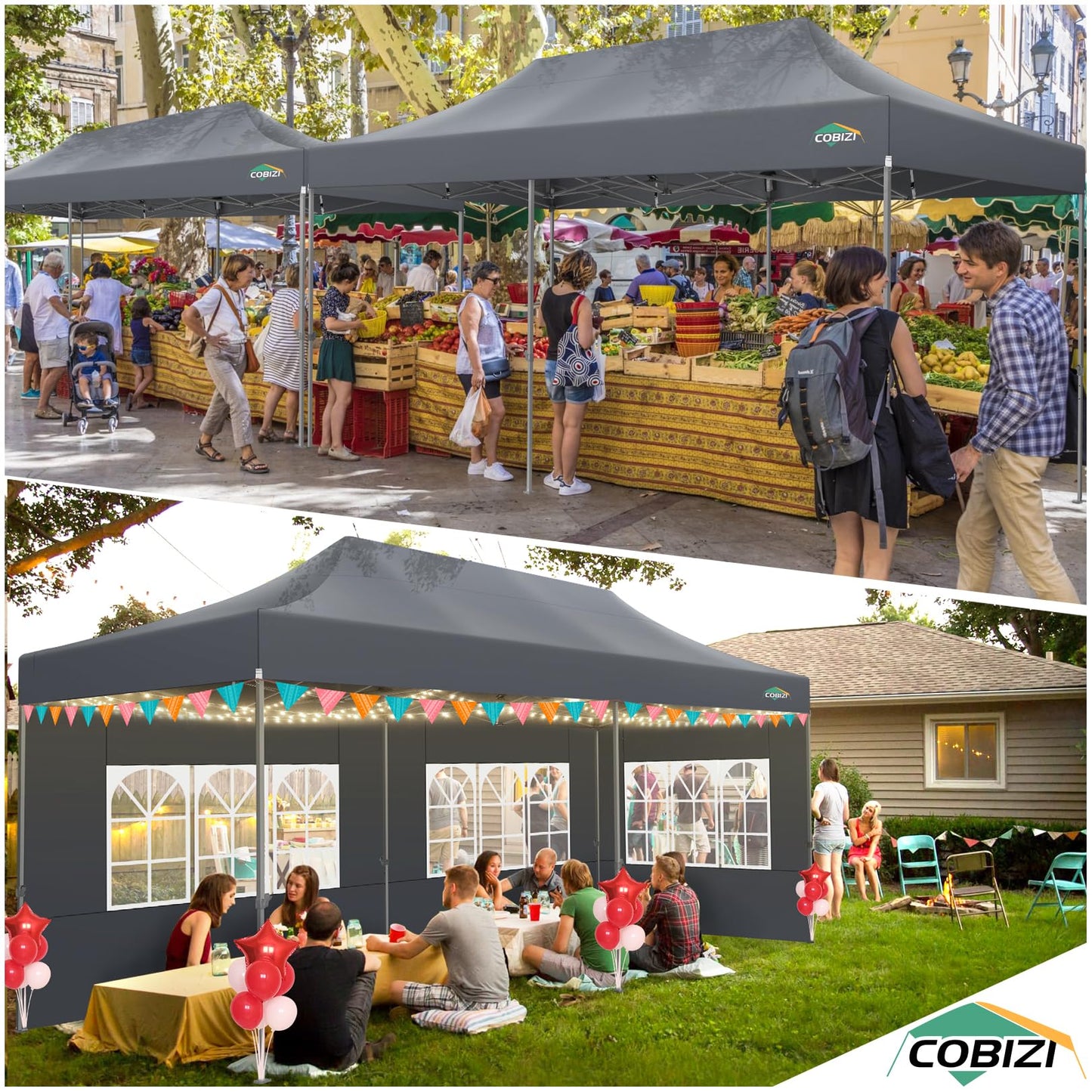 COBIZI Pavillon Faltpavillon 3x3 wasserdicht stabil Winterfest,Outdoor faltbar partyzelt，gartenpavillon mit 4 Seitenteilen und 4 Sandsack und Laufradtasche, Schwarz