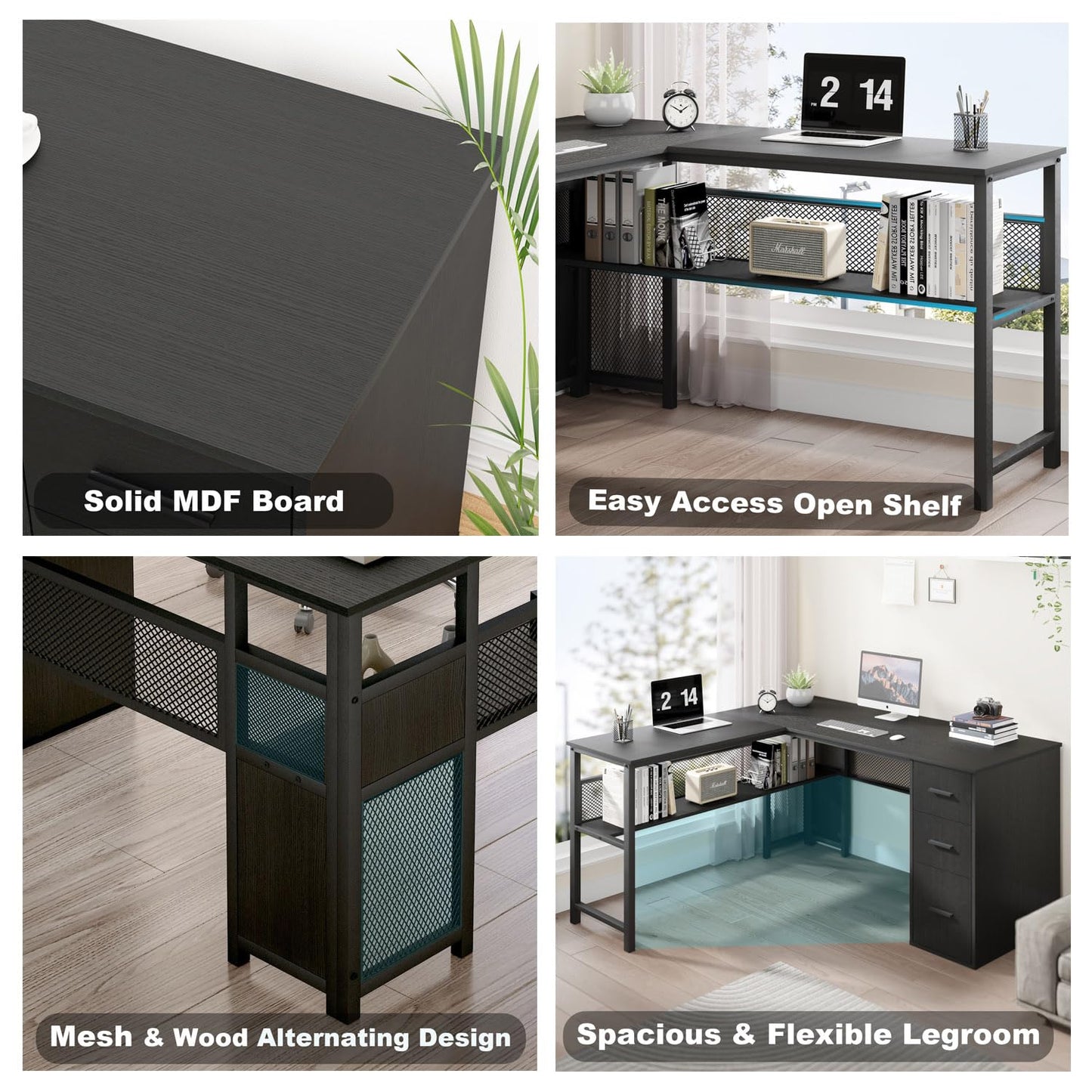 LVB White L Shaped Corner Desk with Drawers, Reversible Modern L Shaped Computer Desk with Storage Cabinets, Large L Shaped Wooden L Shaped Desk Metal L Shape