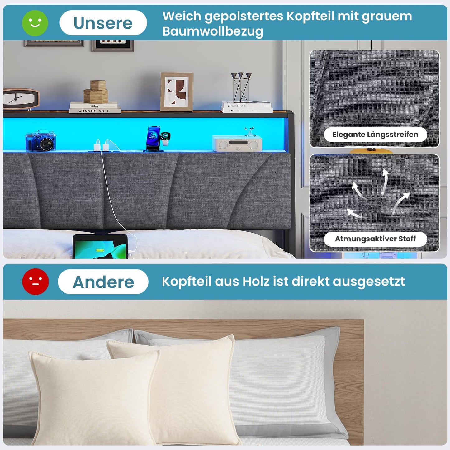 Brinlawb Bed 180 x 200 cm with Metal Slatted Frame, Double Bed 180 x 200 cm with LED Lighting, Bed Frame 180 x 200 cm Bed with Headboard and Charging Station (2 AC Sockets, 2 USB Ports), Modern, Grey