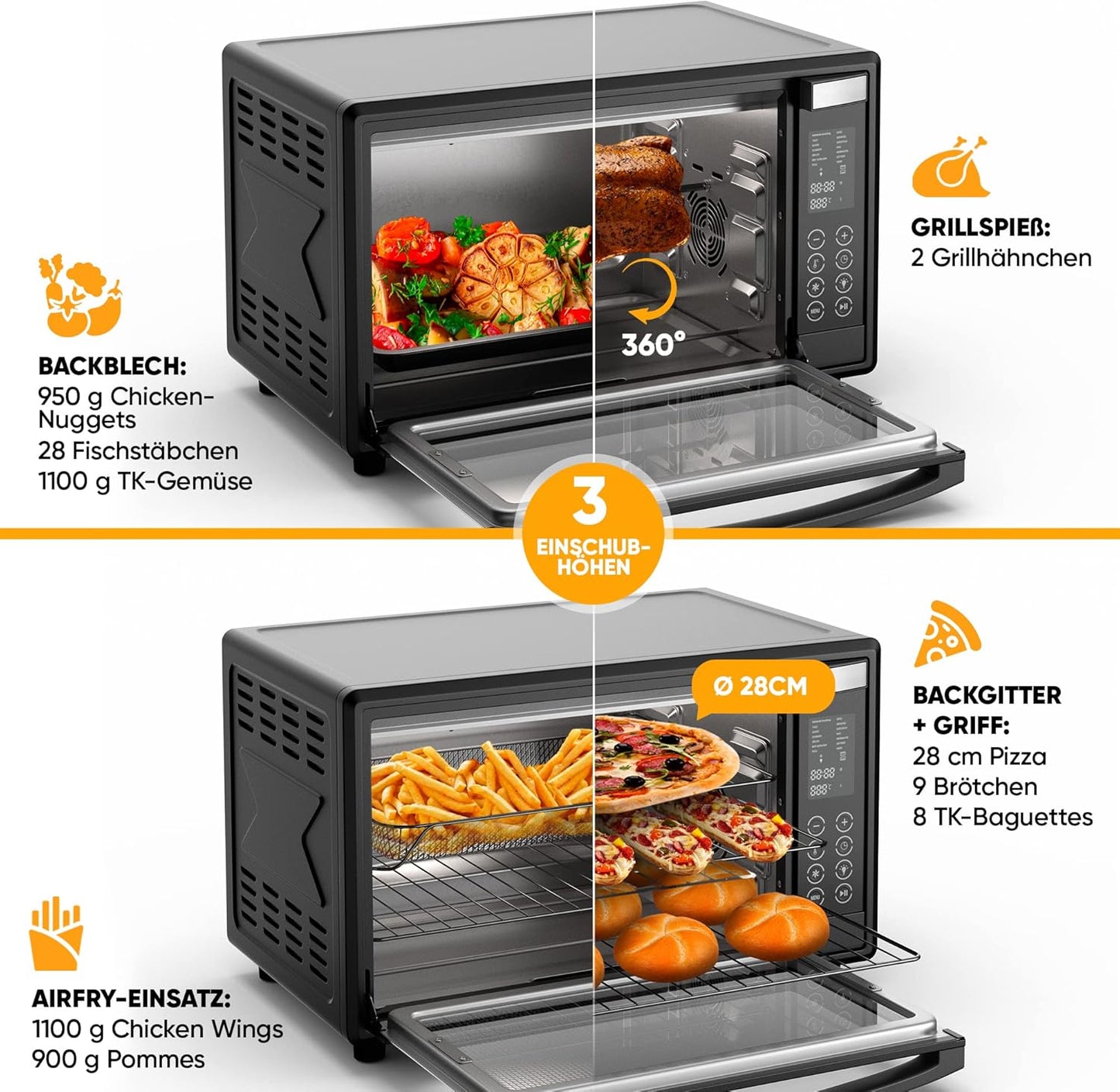 Digital Mini Oven With Convection (35 Litres) Oven Gloves ✓ Recipe Book ✓ Double Glass Door ✓ 1600W ✓ LED Display ✓ 13 Programmes ✓ Rotating Spit ✓ Crumb Tray ✓ Timer ✓ Interior lighting