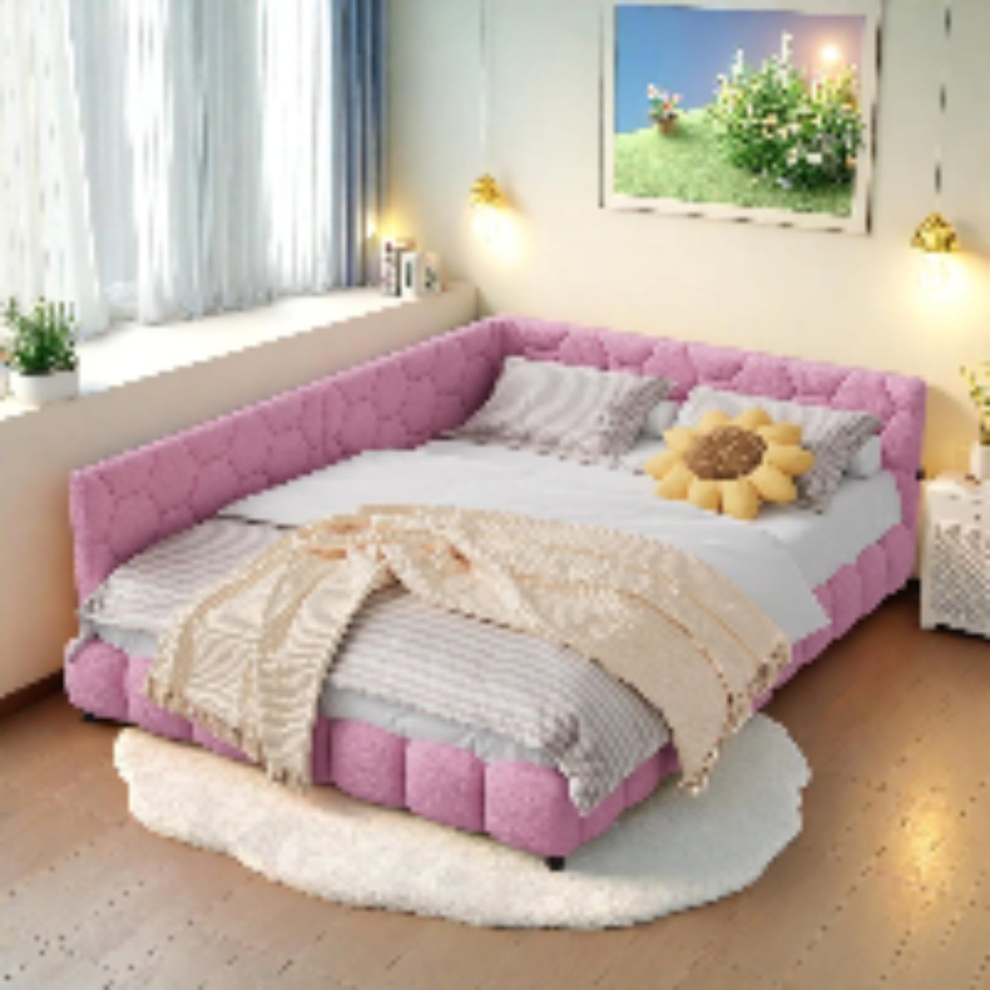 Upholstered Sofa Bed 140 x 200 cm, with Ambient Light and USB Connection, Children's Bed with Slatted Frame, Functional Bed, Teenager's Bed, Lambswool Material, Pink