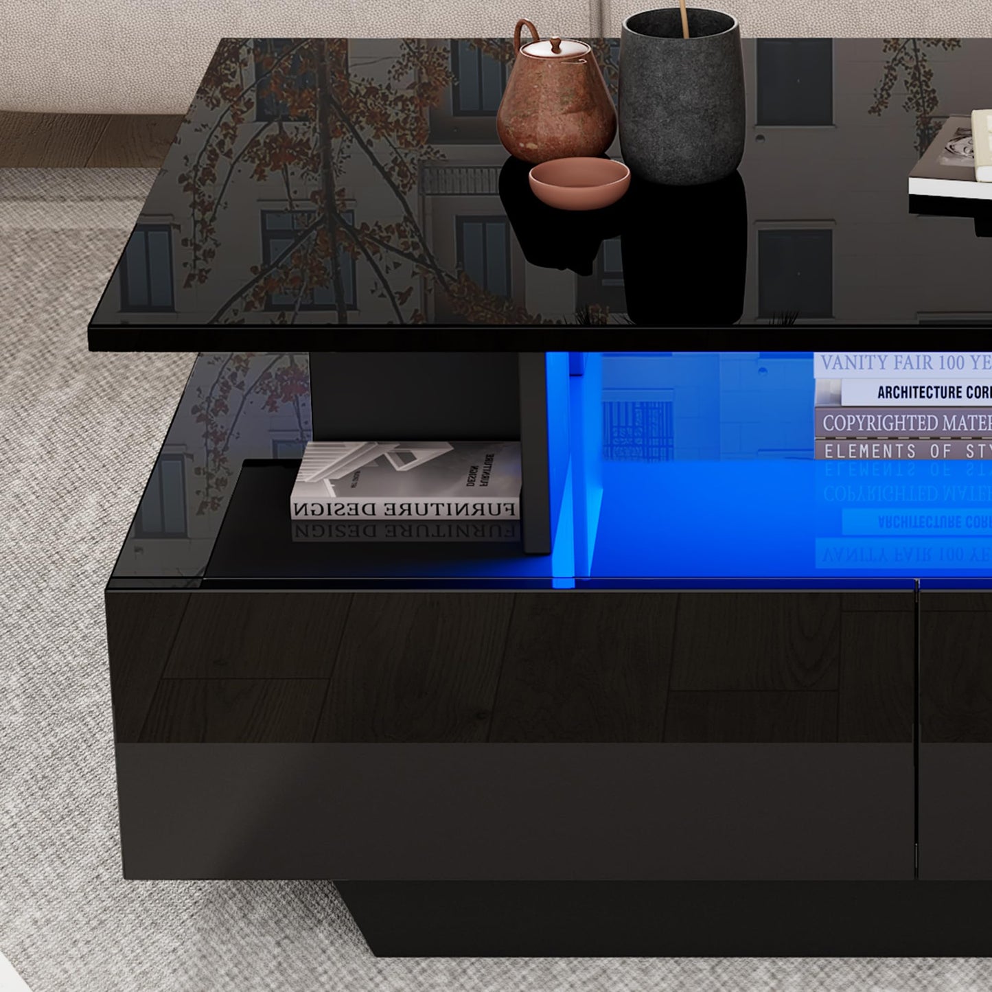 Merax Coffee Table LED High Gloss Middle Table Tea Table for Living Room Black Living Room Table with 2 Drawers and Open Compartment, Rectangular Side Table Sofa Table Coffee Table for Bedroom Office