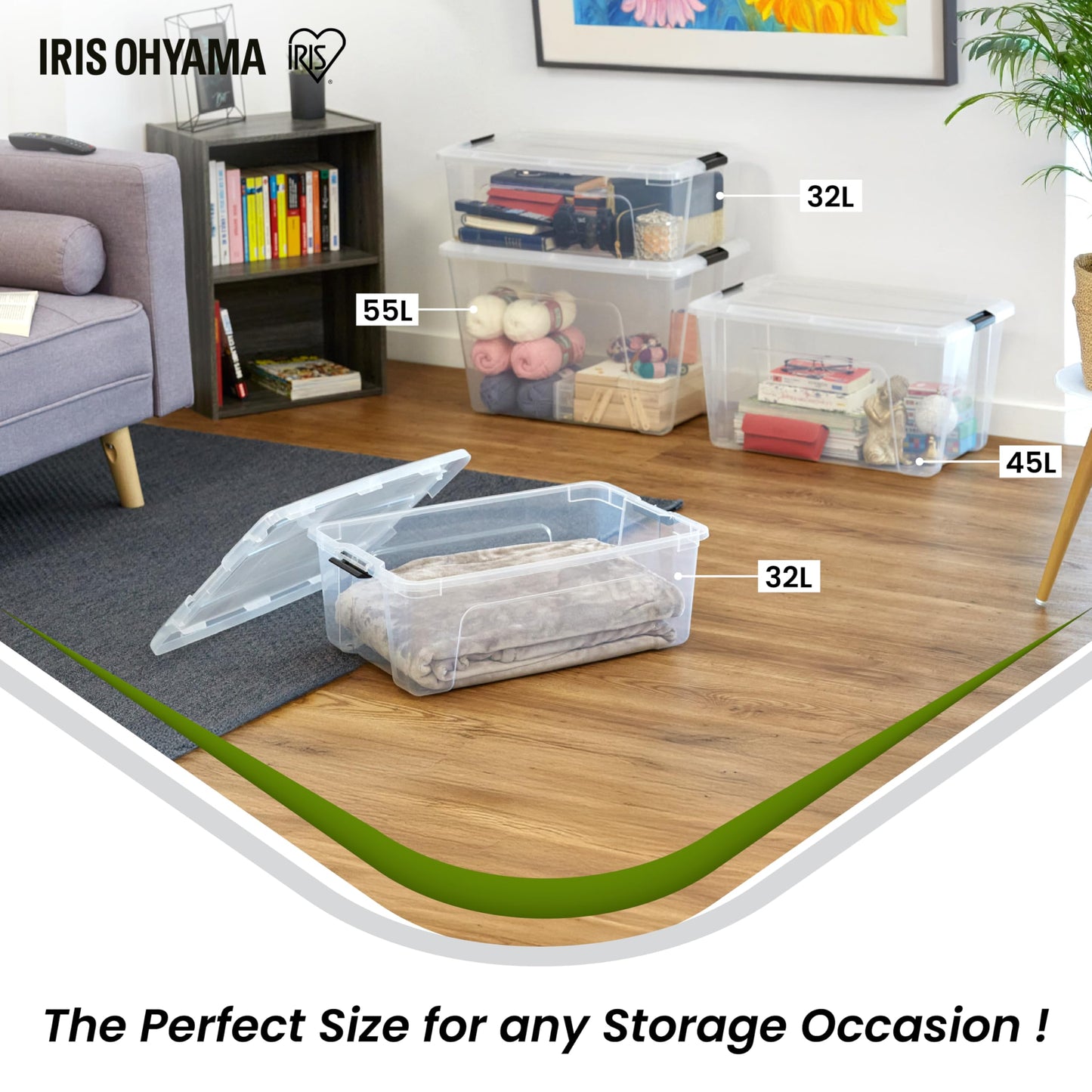 Iris Ohyama Storage Boxes with Lids, 55L, Set of 4, Transparent, Secure Closure, Stackable, Handles, Bedroom, Closet, Office, Organisation, BPA-Free Plastic, Organiser Boxes, BSB-55