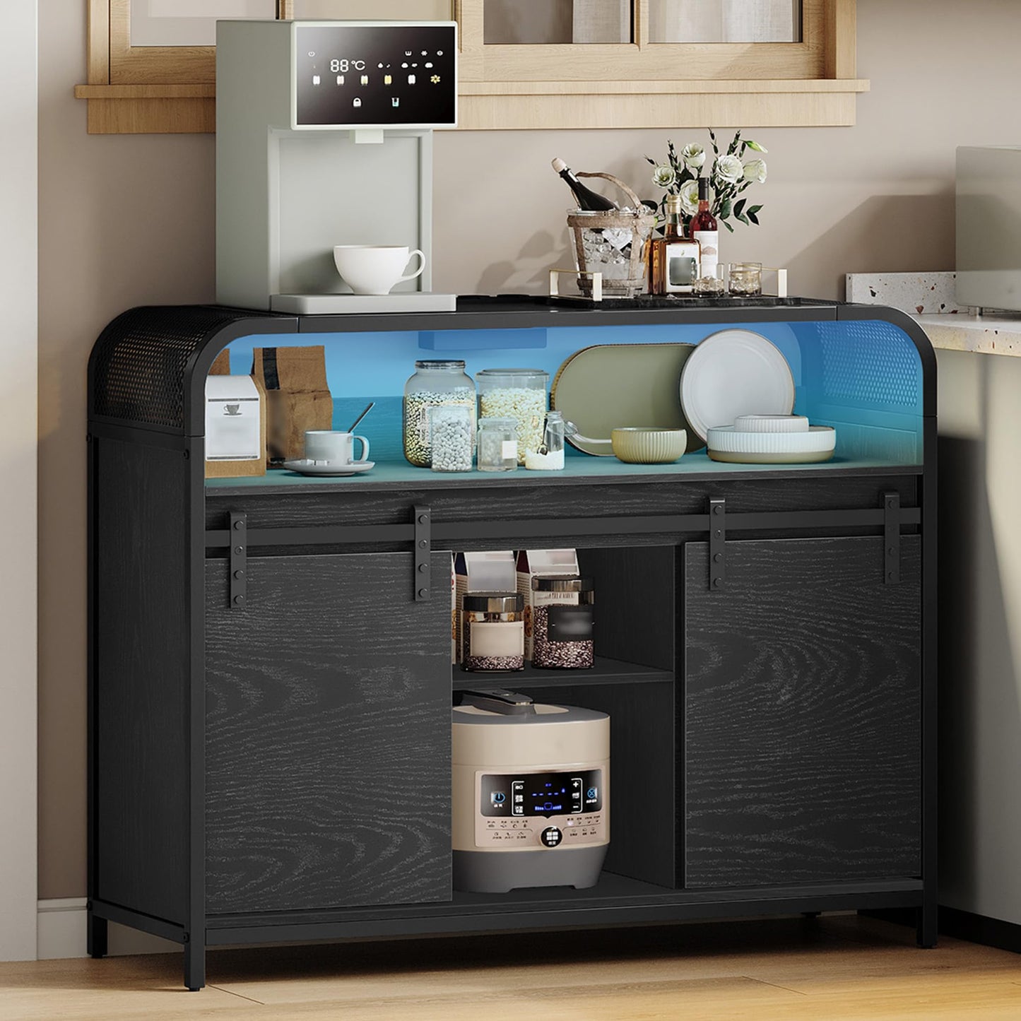 Hzuaneri SC00103WEU Kitchen Cabinet with LED Lighting, Sideboard with Power Strip, Storage Cabinet with 2 Sliding Doors, Adjustable Dividers, Kitchen, Dining Room, 35 x 100 x 80 cm, White