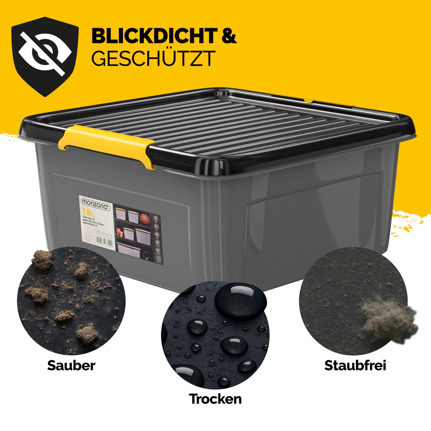 Monzana 4 x Storage Boxes 40 L with Lid 40 kg Load Capacity Plastic BPA Free Click Closure Stable Flexible Stackable Opaque Cellar Garage Box