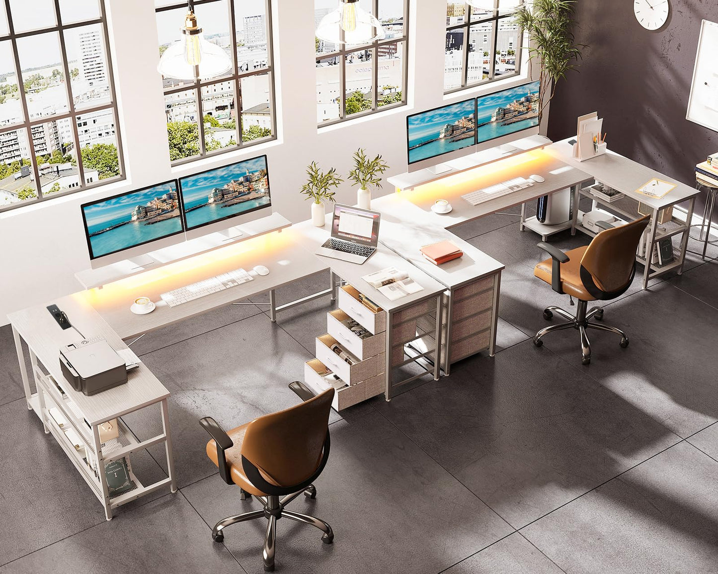 ODK Corner Desk with 4 Drawers and Storage Space, 167 x 102 cm Reversible Corner Desk with 2 Sockets and 2 USB Charging Ports, Gaming Desk with LED and Monitor Stand for Home Office, Black