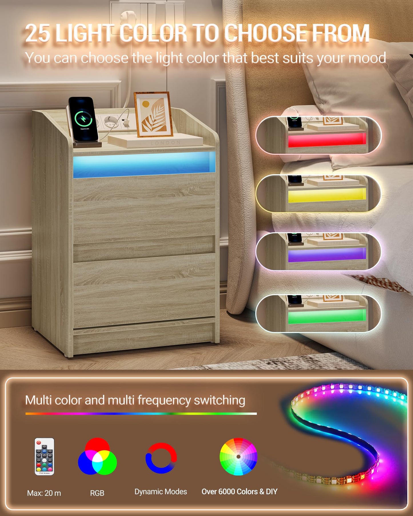 Hzuaneri Bedside Tables Set of 2 LED Lights, Charging Station and 2 Drawers, Side Table with USB Ports & Sockets, Stylish and Versatile, for Living Room and Bedroom, Black NS30104X