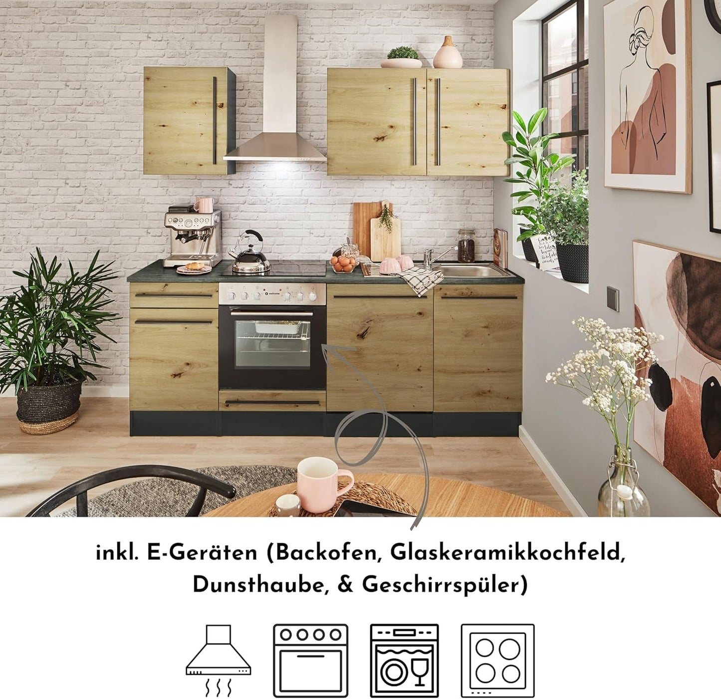 Jazz 8 Modern Kitchen Unit without Electrical Appliances in Anthracite, Artisan Oak Look, Spacious Fitted Kitchen with Lots of Storage Space, 220 x 211 x 60 cm (W x H x D)