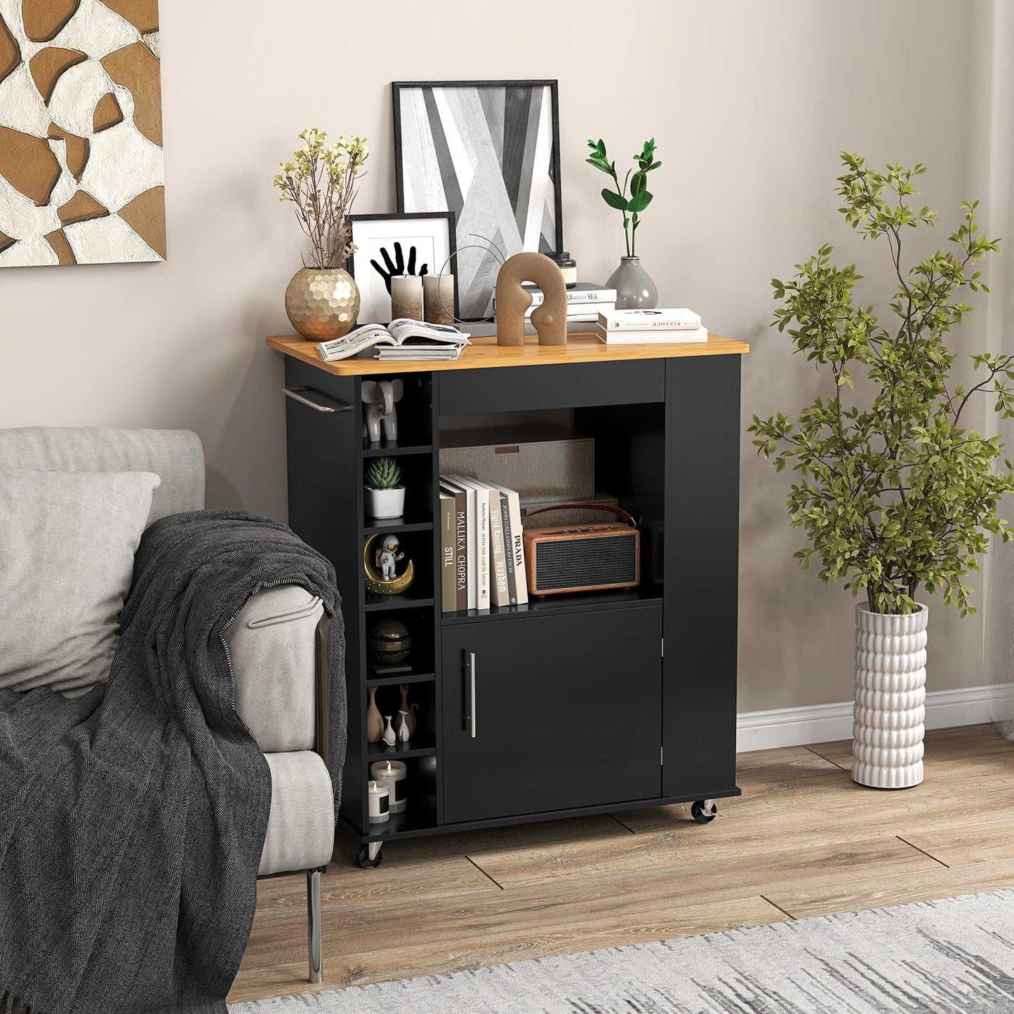 COSTWAY Kitchen Trolley on Wheels, Serving Trolley with Worktop & Towel Holder & Spice Racks, Wine Rack for 6 Bottles, Kitchen Island Wood, Kitchen Cabinet Rollable, for Kitchen, Dining Room, Bar