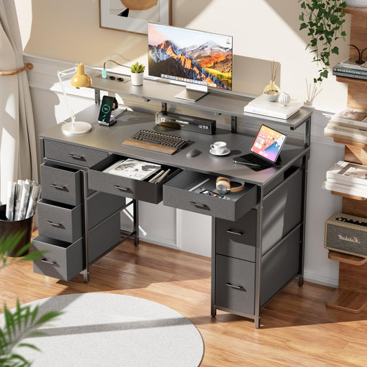 Schreibtisch mit 8 Schubladen, Computertisch mit 2 Steckdosen und 2 USB Ladeanschluss, Bürotisch mit LED und Monitorständer, PC Tisch für Büro, Wohnzimmer, 120 x 50 x 74 cm, Weiß