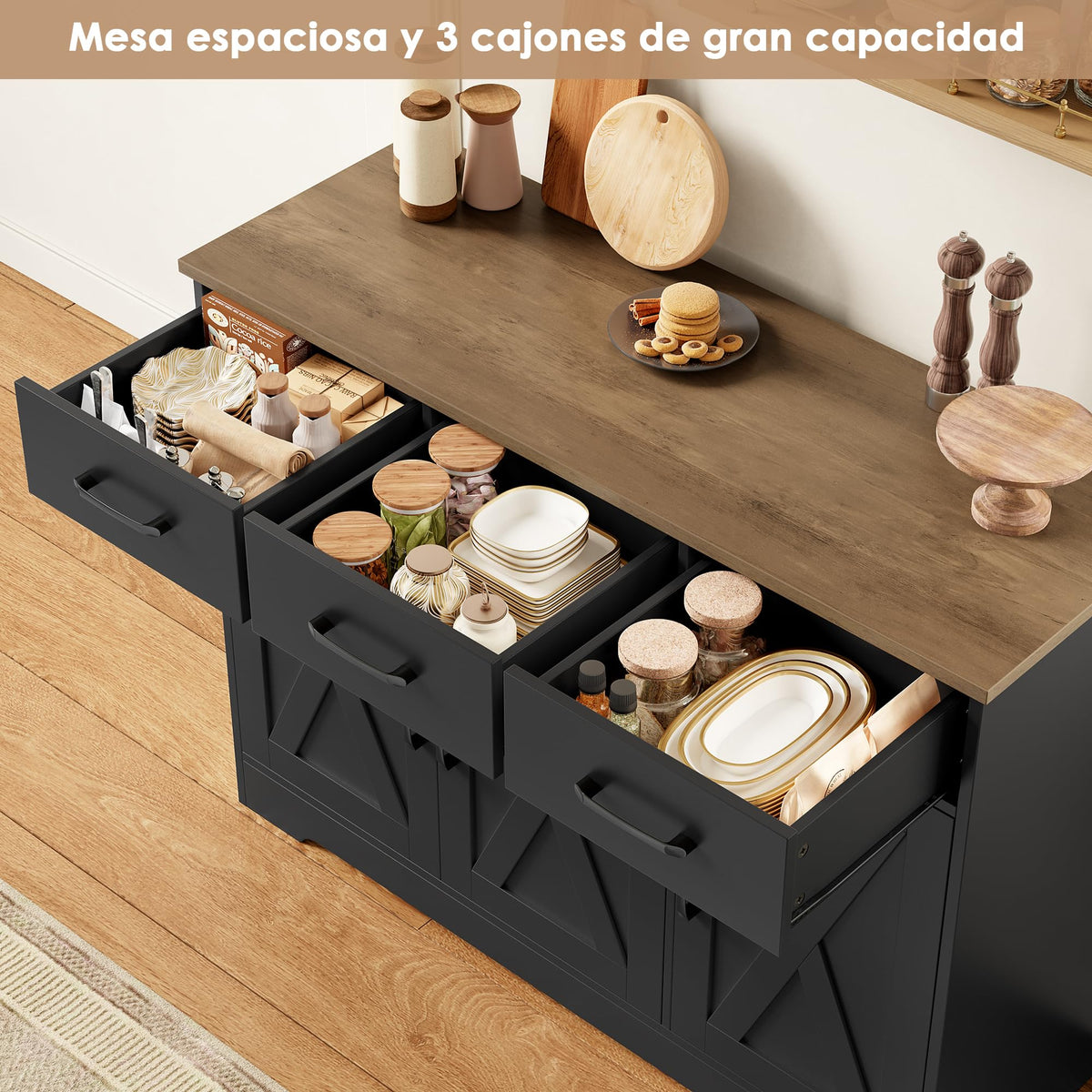 HOCSOK Sideboard, Kitchen Cabinet with 3 Drawers and 3 Doors for Kitchen, Buffet Cabinet with Worktop for Dining Room, Living Room, Wood, White & Brown
