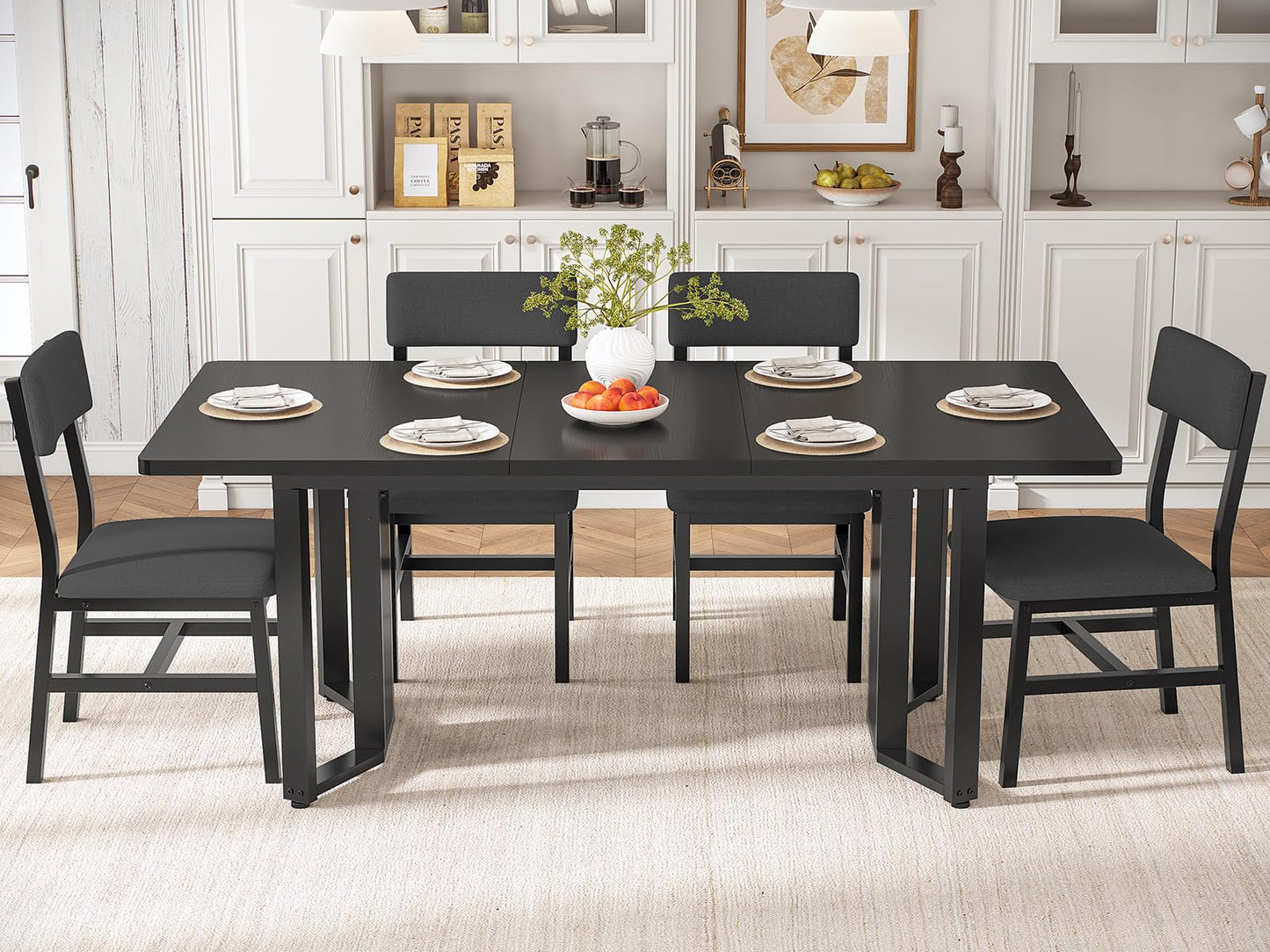 Itaar 5-Piece Dining Table Set for 4-6 People, 63" Extendable Kitchen Table and 4 Cushion Chairs, Dining Room Table with MDF Board & Metal Frame for Small Space, Easy Clean, Brown
