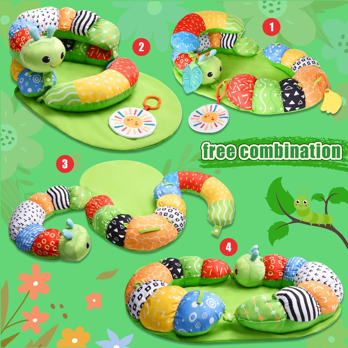 Charmofun Tummy Time Toys Spielkissen, 3 in 1 Bauchlage Spielzeug Baby, Abnehmbar Raupe für Baby, Bauchlage Helfen Sitzen Stützen Babyspielzeug 3 6 9 Monate mit Rassel, Beißring, Spiegel