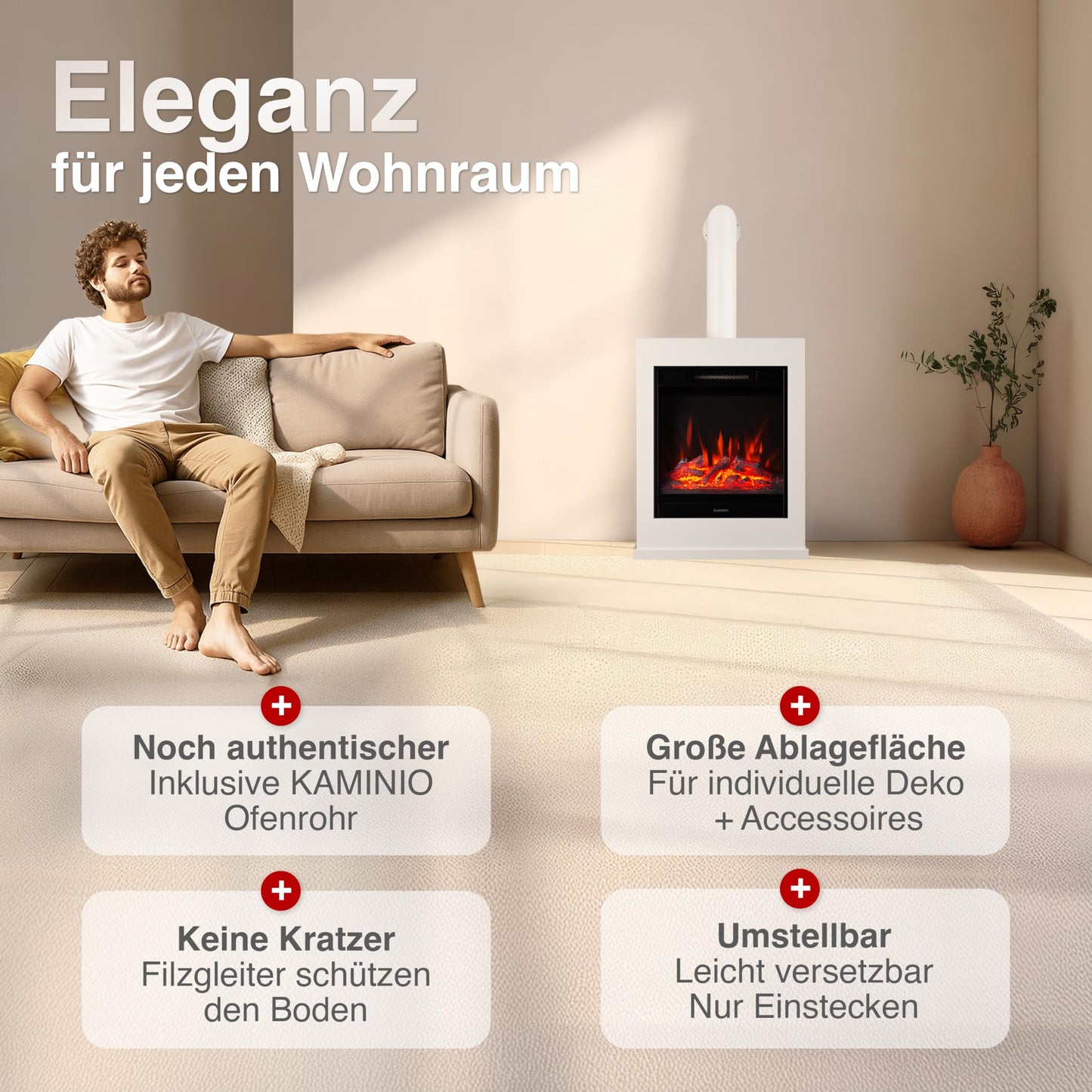 Kalle Electric Fireplace with Heater, 3D Flame Effect, Remote Control (White)
