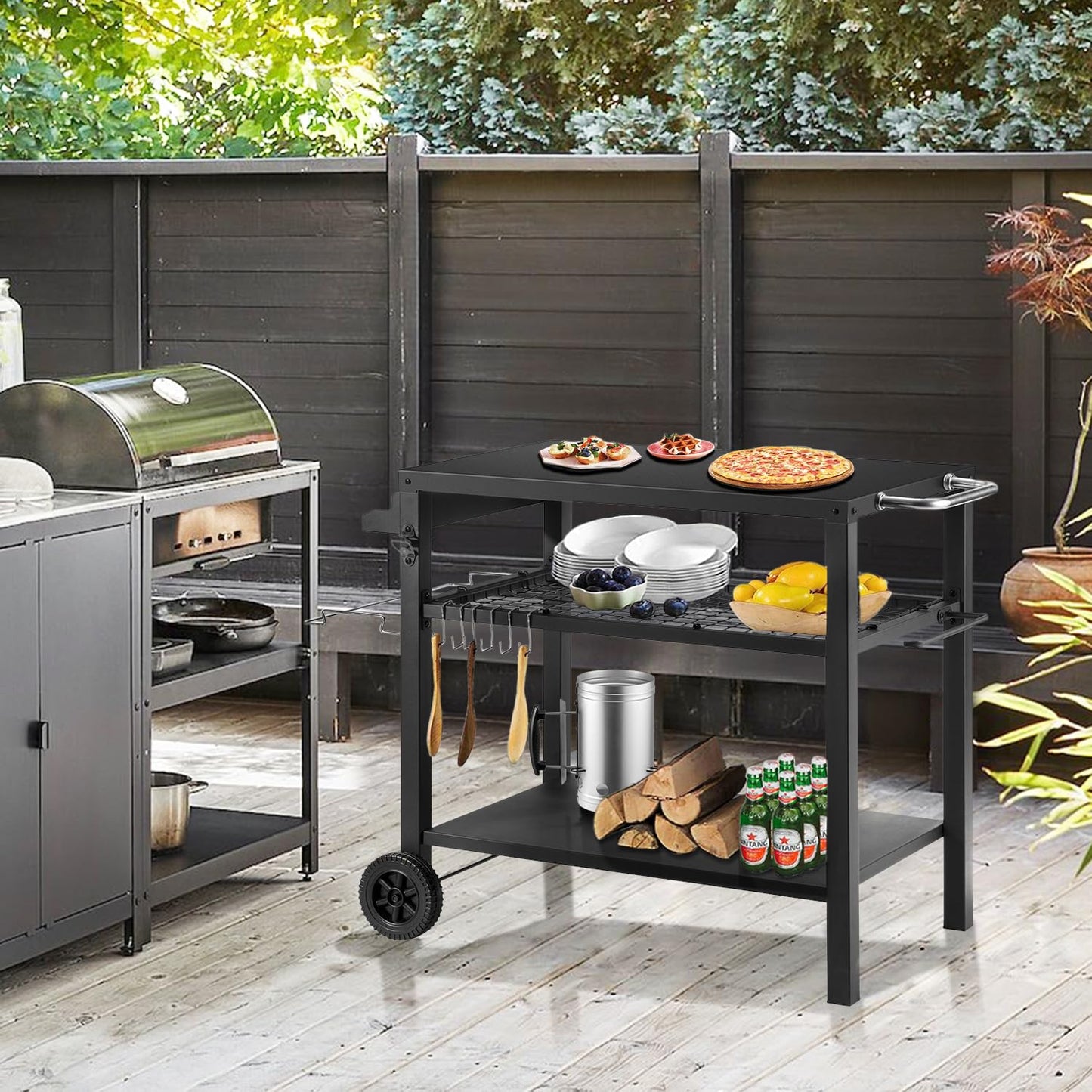 Barbecue Table with Large Work Surface | Grill Side Table, Outdoor Grill Trolley, Grill Table Outdoor, Stainless Steel Table Top, Outdoor Garden Trolley