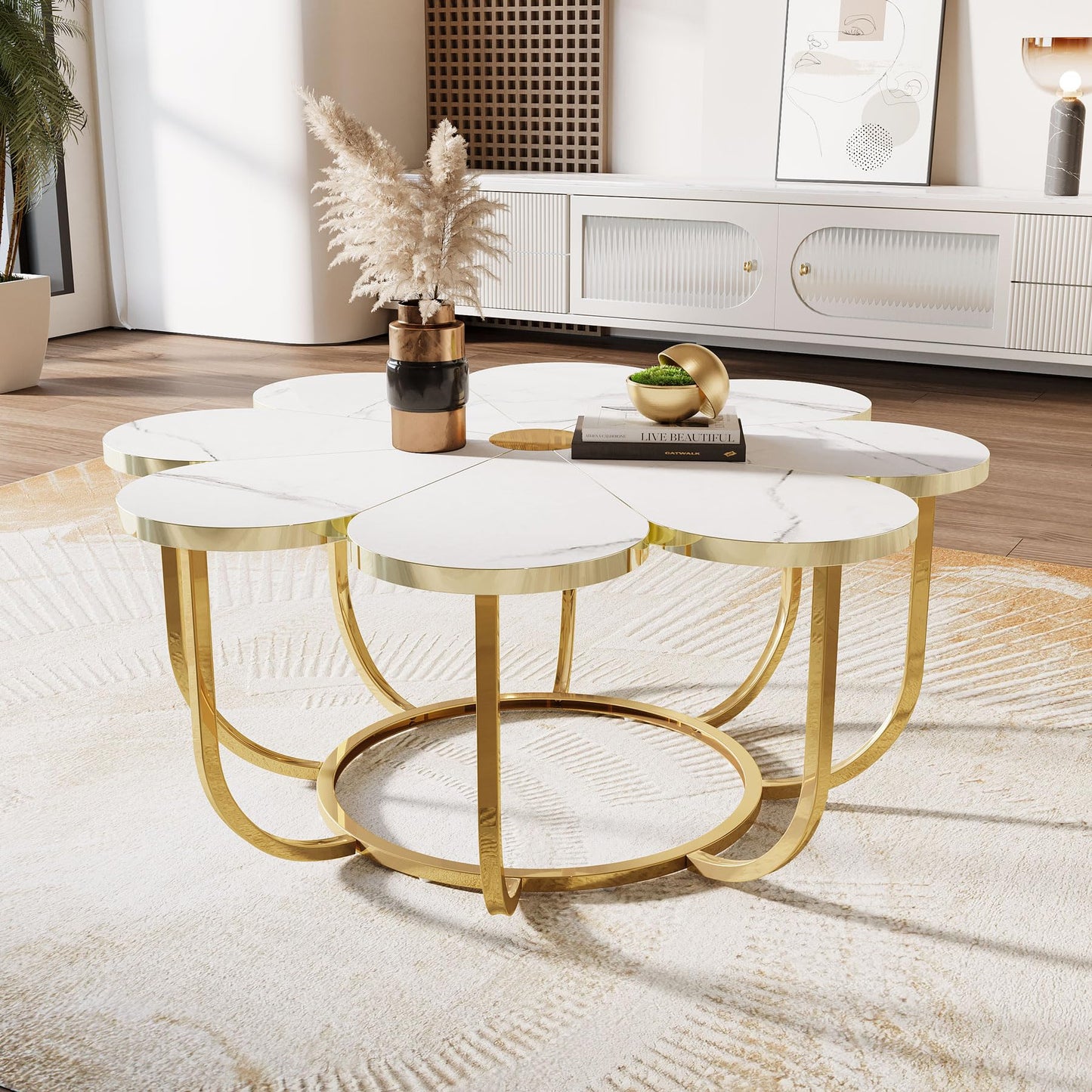 Tribesigns Coffee Table in White and Gold, Modern Coffee Table in Flower Shape with Faux Marble Top 100 cm Large Floral Accent Table with Metal Frame, Living Room Table, Sofa Table for Living Room