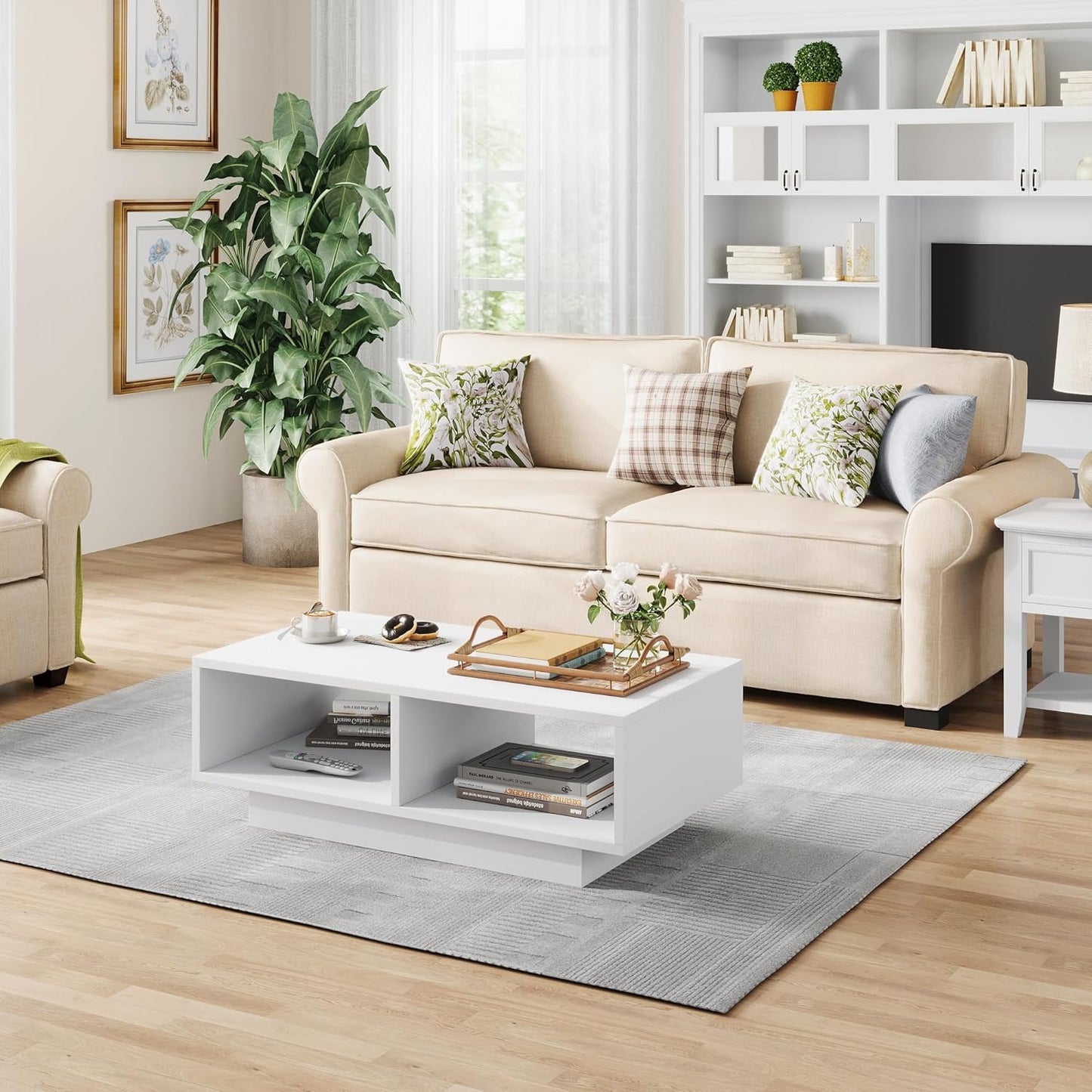 Coffee Table, White, Middle Table, Tea Table for Living Room, Modern and Stylish Rectangular Coffee Table with 2 Open Compartments, Rectangular Side Table, Sofa Table, for Bedroom, Office, 90 x 48 x 31 cm