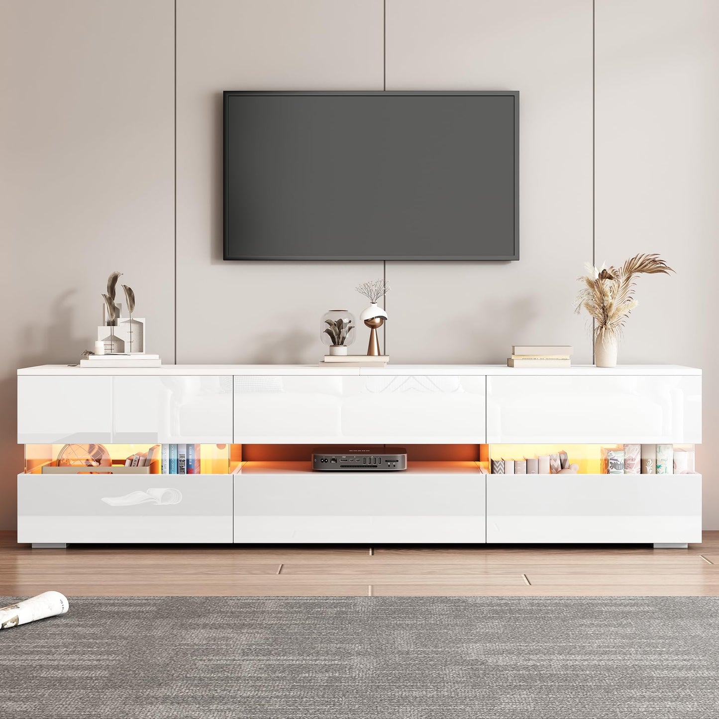 TV Cabinet with LED Strips, TV Stand 160 cm Long for TVs from 55 to 70 Inches, Lowboard TV Board with Storage Space Drawers and Doors, Sideboard for Living Room (White)