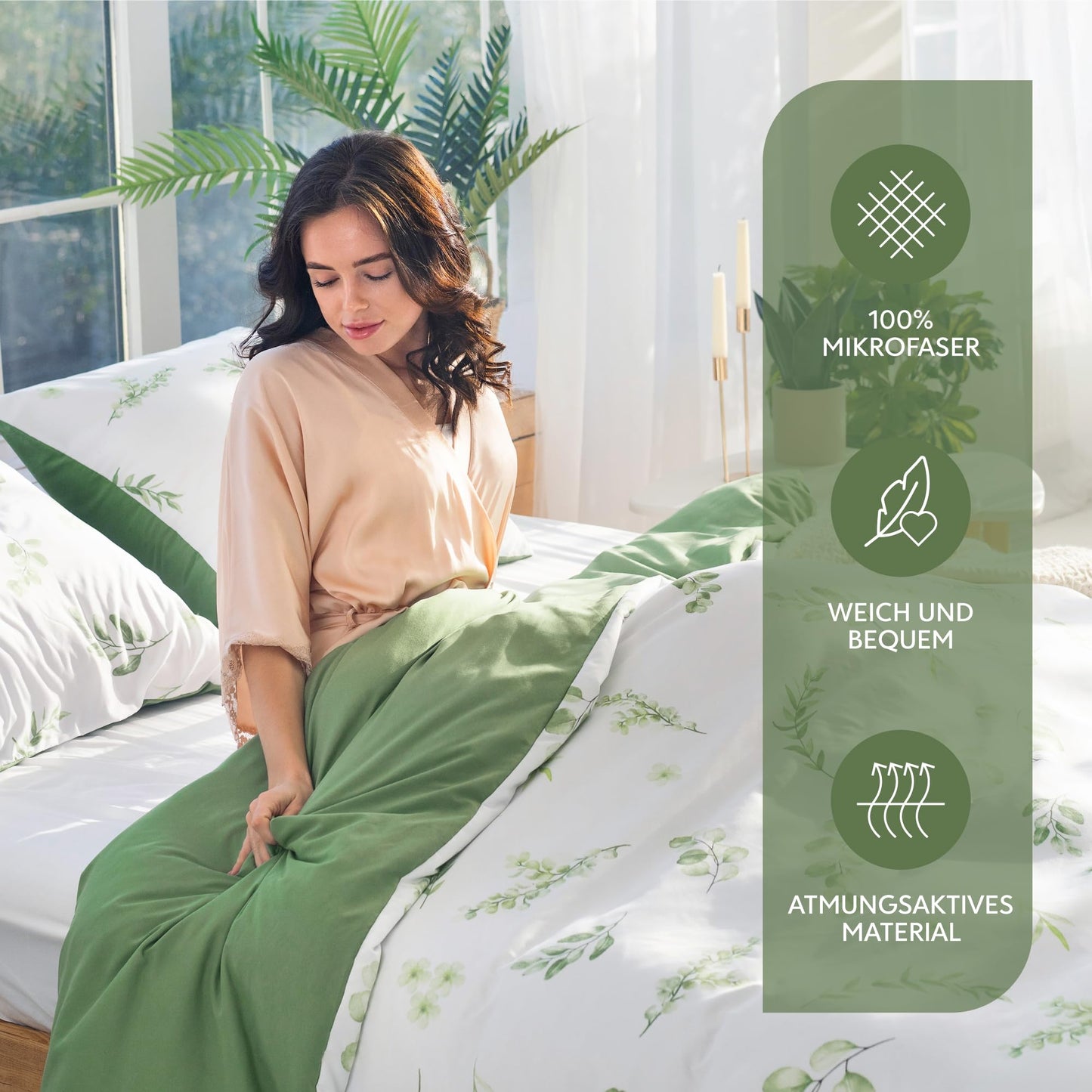 Dreamzie Bed Linen Set 155 x 220 cm with 2 Pillowcases 80 x 80 cm, Botanic Motif Sage Green, Adult Bed Linen, 155 x 220 cm, Made of 100% Microfibre, Certified, No Chemicals (OEKO TEX)