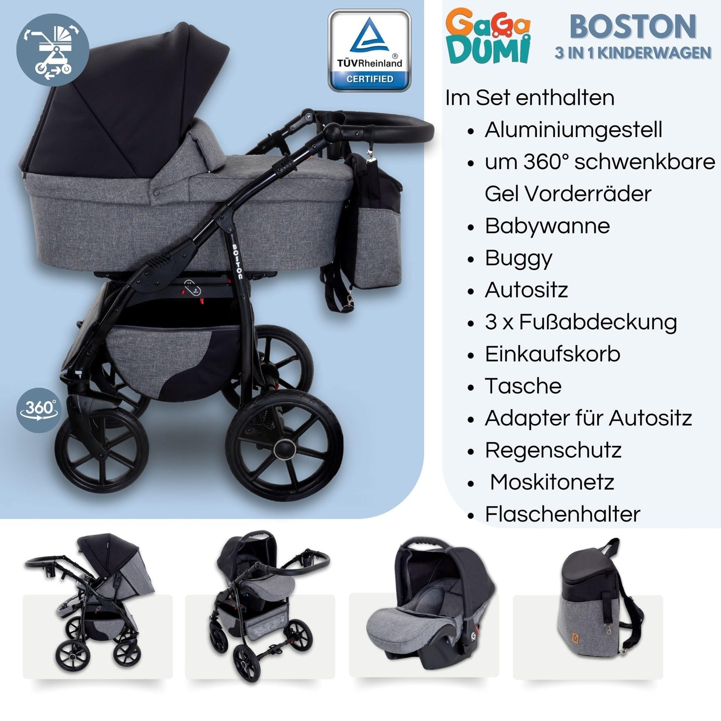 Boston 3-in-1 Combi-Pram Pram Baby Car Seat Buggy Carlo Complete Set
