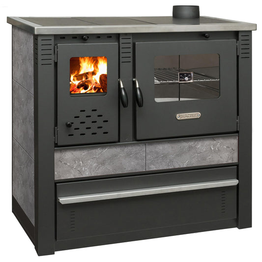 ProTermo Panonia Fireplace in Mocha with Left Flue - 10.54 kW Heating Output - 90 x 51 x 85 cm Wood Stove with Baking Compartment, Thermometer and Hob without Self-Closing Door - Type 2
