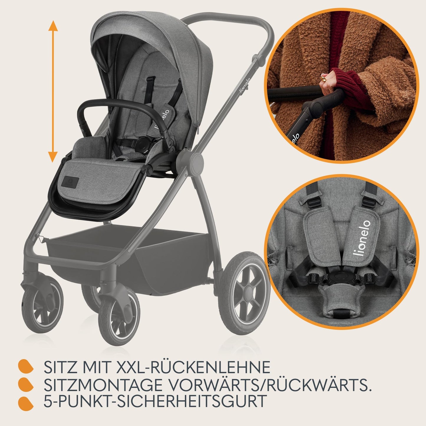 LIONELO Meril 3-in-1 Multifunctional Pushchair, 0-48 Months, Up to 22 kg, Baby Carrycot up to 9 kg, Child Seat up to 13 kg, 360° Off-Road Wheels, Full Suspension, XXL Hood with UPF50+