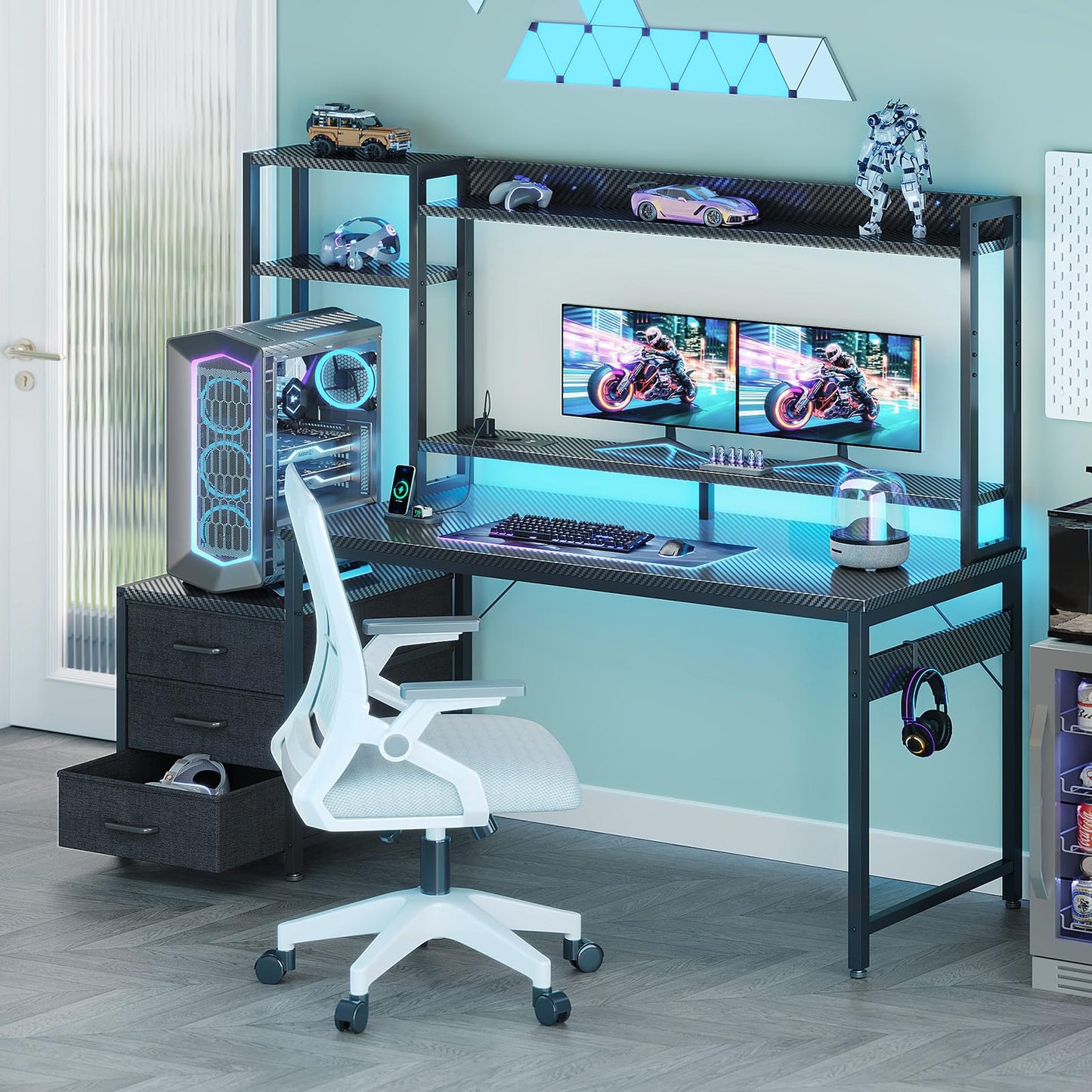 Coleshome Gaming Table with Shelf and Drawers, 137 x 48 cm Gaming Desk with LED Lighting and Socket, Computer Desk with Shelves and Monitor Stand, Carbon Fibre Black