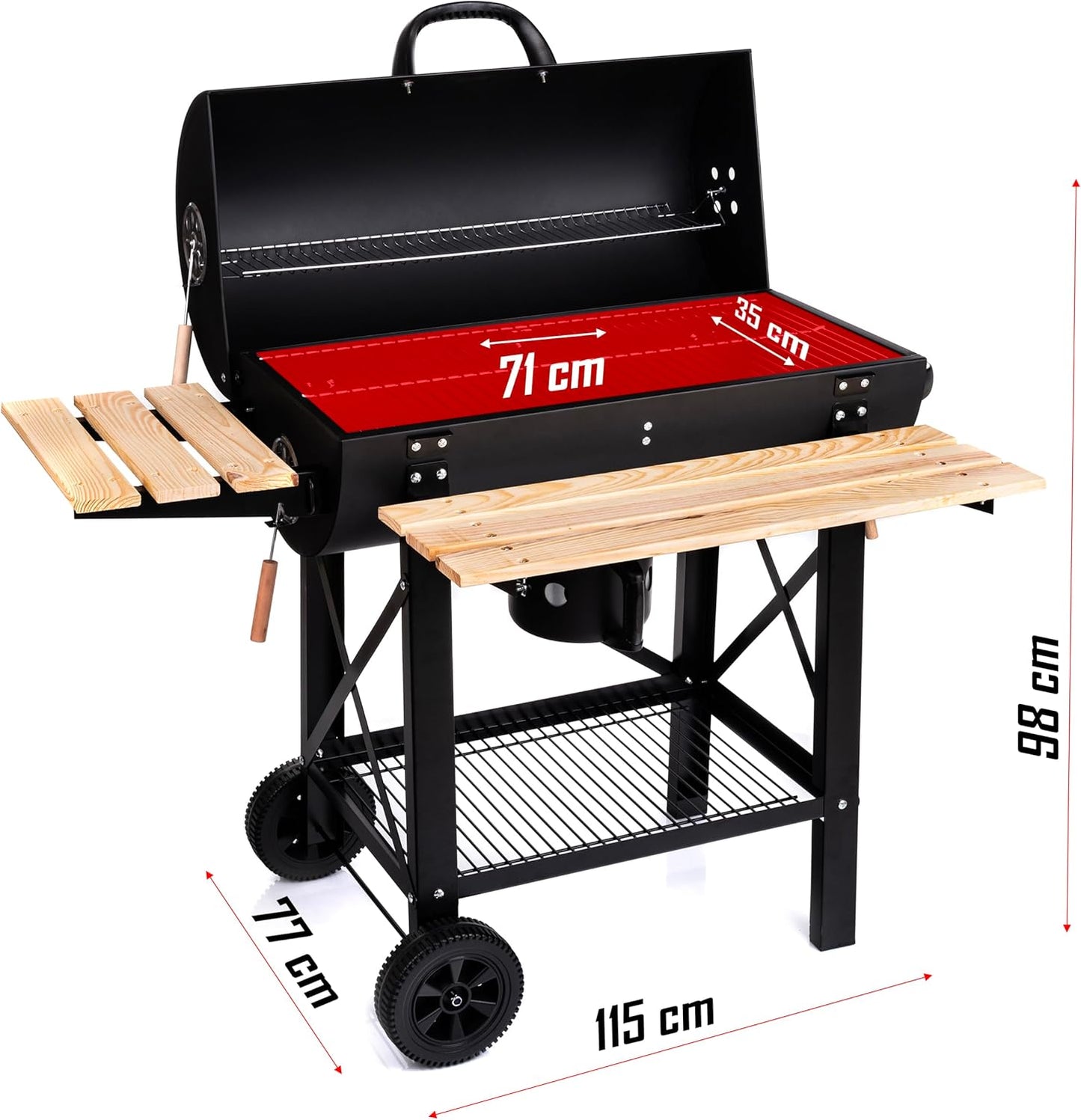 Lehmann LGACG-1935 Charcoal Grill with Grill XL Lid and Wheels, Grill Trolley with Two Wooden Shelves and Non-Warming Handle, Charcoal Grill for Garden, Patio, Camping