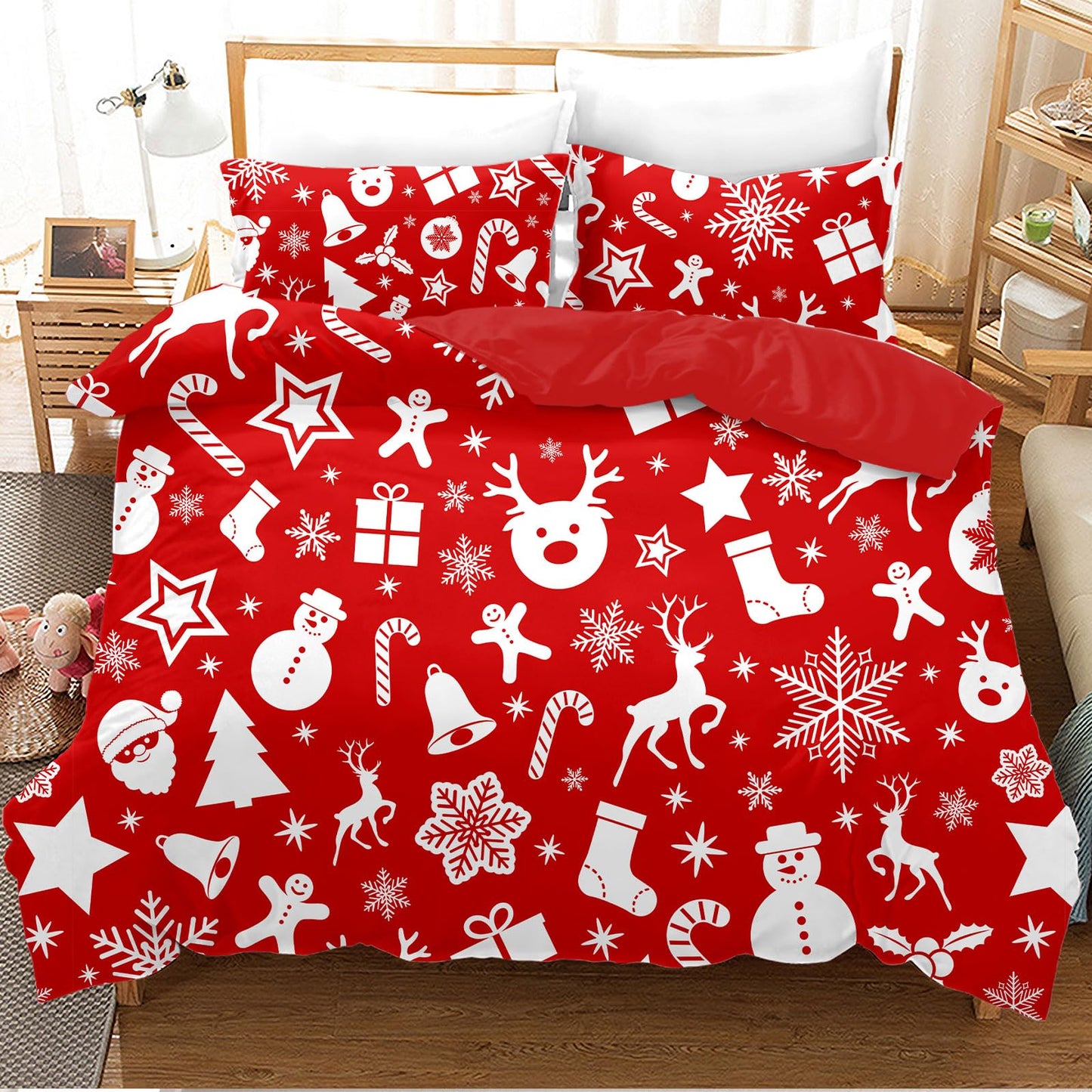 UGZDEA Christmas Bed Linen Set 200 x 200 cm, 3D Christmas Bedding Set with 2 Pillowcases, Santa, Christmas Tree, Deer, Christmas Gift for Teenagers (I, 200 x 200 cm)