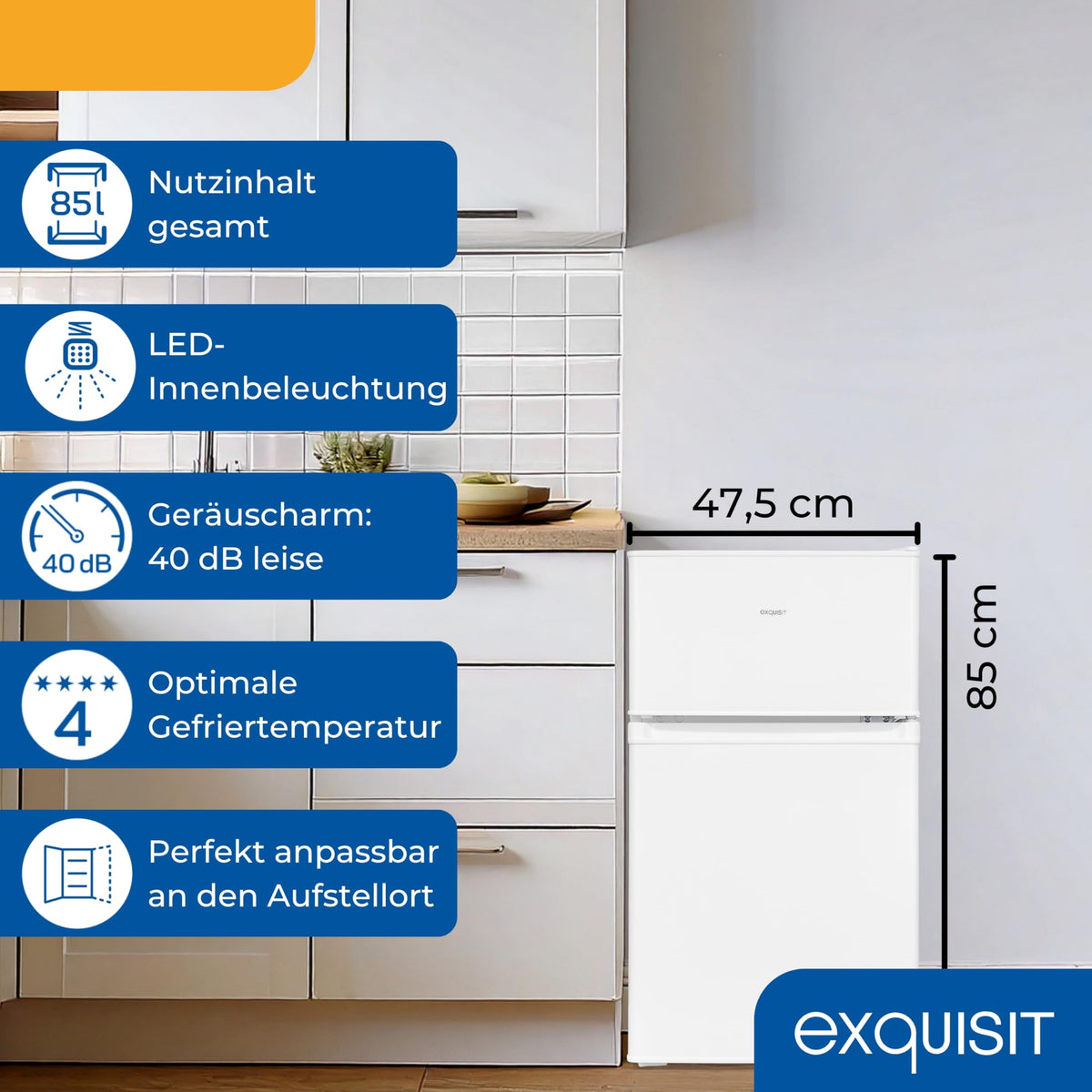 Exquisit KGC590-30-E-040E Fridge Freezer, 85 Litres, Fridge Freezer, 4-Star Freezer, LED Lighting, Compact, Small, White
