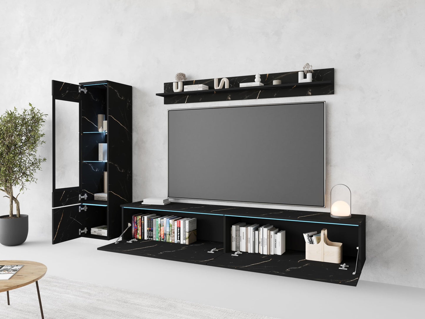 MINIO go for it Veve 2, 4-Piece Wall Unit Set, Hanging or Standing, 2 x Tall Cabinet Display Cabinets, Lowboard, Wall Board, Laminated Clamping Plate, Wotan Oak and Black Gloss, without Lighting