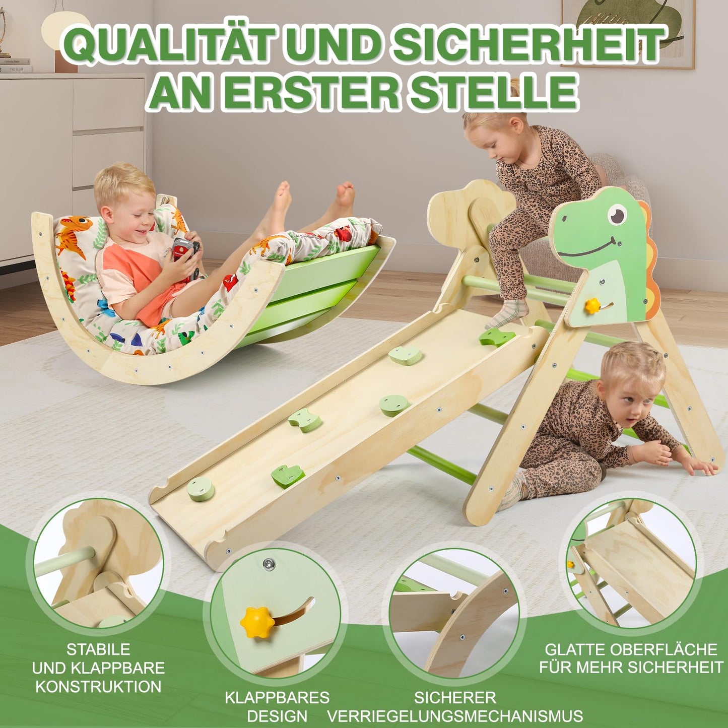 7-in-1 Montessori Kletterdreieck Set mit Rutsche, Kletterbogen & weichem Kissen – Holz Klettergerüst für Babys & Kleinkinder ab 1–3 Jahre, Indoor Spielgerät, faltbar & sicher (Dinosaur)