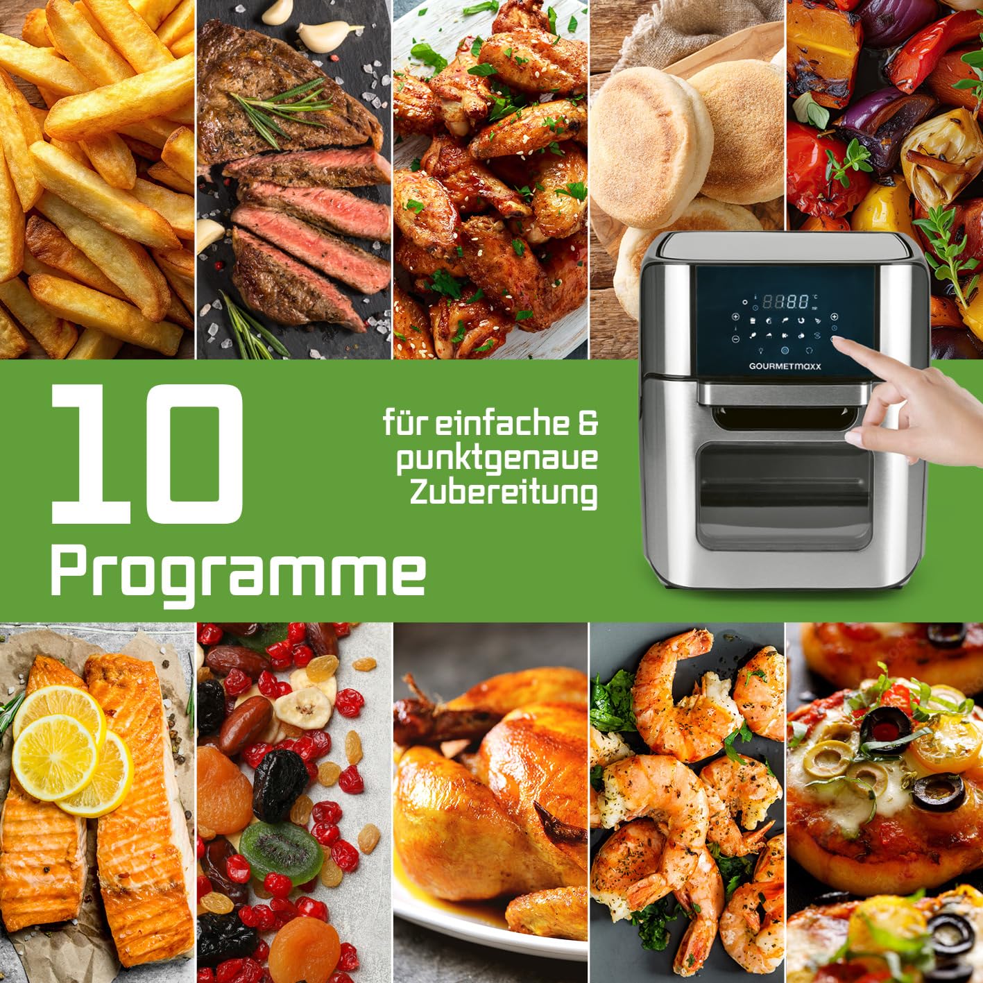 GOURMETmaxx Digitale Heißluftfritteuse 12 L, XXL-Edelstahl-Ofen | Airfryer + Timer, Touchdisplay, Drehspieß | fettarm, energiesparend frittieren | 10 Programme inkl. Pizza | 1800 W