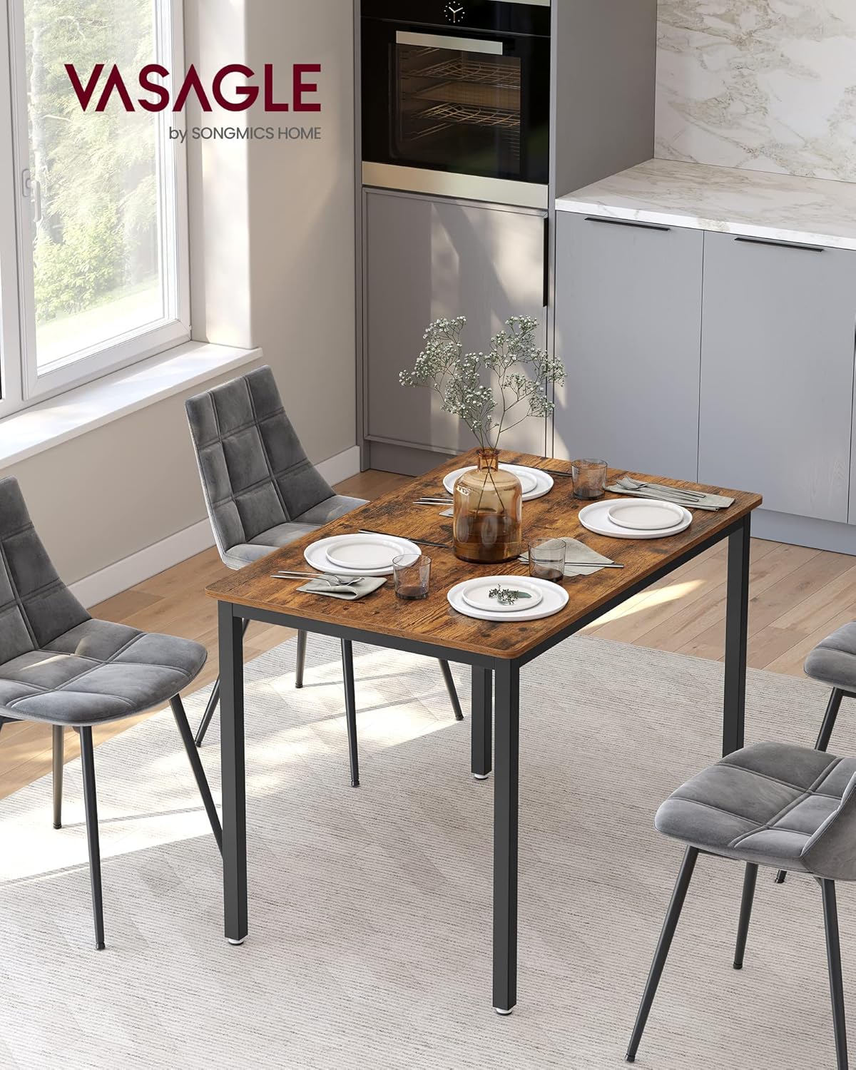 VASAGLE Dining Table Kitchen Table 70 x 110 x 77 cm Dining Room Table for 4 People Table Living Room Desk for Dining Room Kitchen Industrial Design Vintage Brown Matte Black KDT081B01