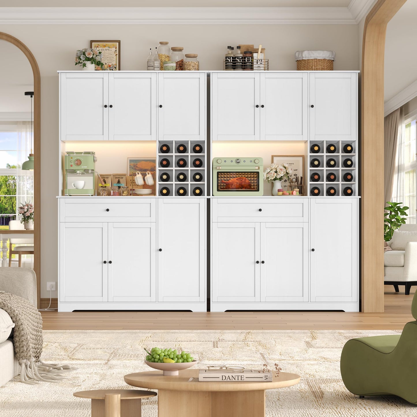 FirFurd Kitchen Cabinet 180 cm Buffet Cabinet with LED Sideboard for Kitchen with Power Strip Kitchen Cabinet with Worktop and Wine Rack for 12 Bottles Kitchen Buffet Kitchen Furniture 180 x 100 x 39