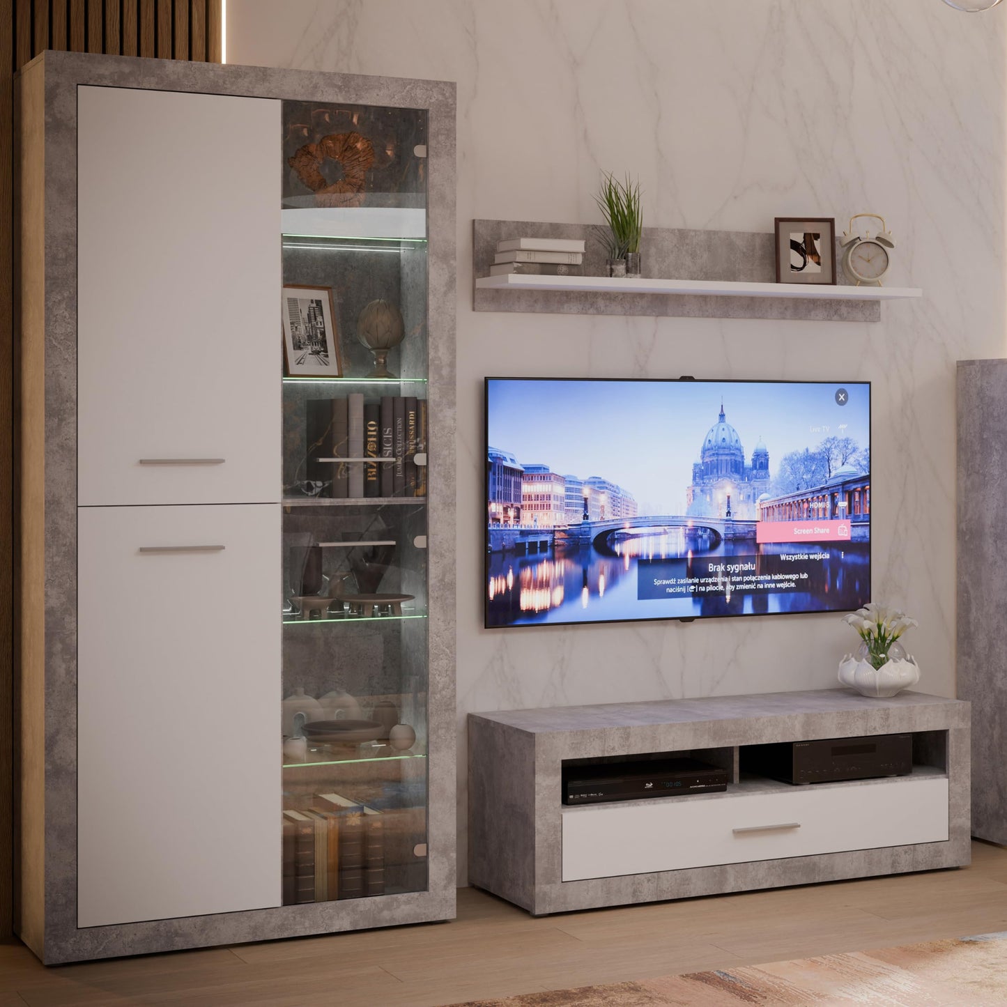 Forte Finley 330 Modern Wall Unit with TV Cabinet, Display Cabinet, Wall Panel and Chest of Drawers, Composite Wood, White with Concrete Look Accents, 328.4 cm Wide x 193.7 cm High x 41 cm Deep