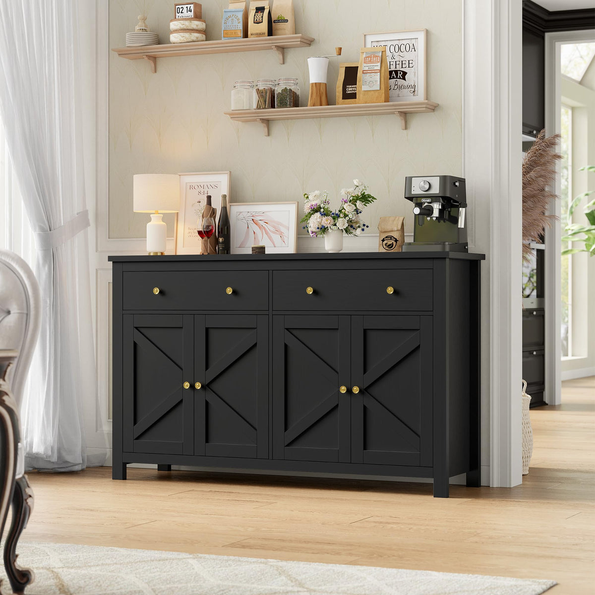 FirFurd Sideboard 140 cm Wide Kitchen Cabinet with Worktop Buffet Cabinet with 2 Drawers 4 Doors Kitchen Buffet with Adjustable Shelves for Living Room Kitchen Dining Room 140 x 40 x 89 cm White