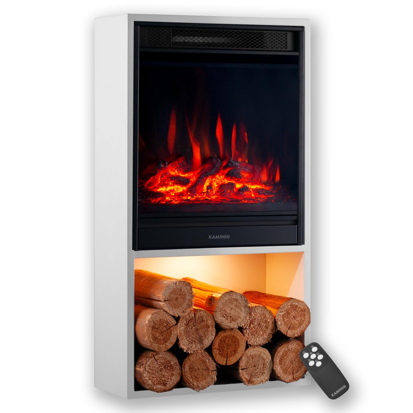 Hugo Electric Fireplace with Heater, 3D Flame Effect, LED Ambient Light, Wooden Compartment, Remote Control (White)