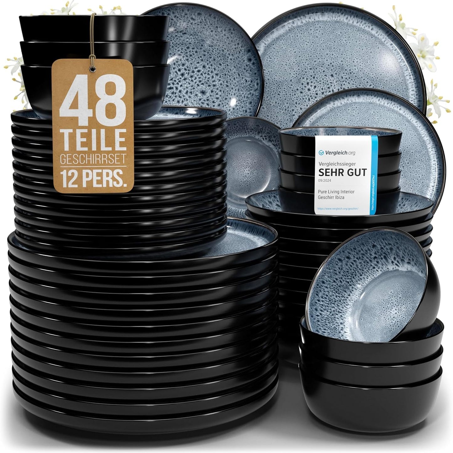 Pure Living Ibiza Stoneware Crockery Set for 12 People, 36-Piece Mediterranean Stoneware Tableware Set, ‘Very Good’ in Test, Bowl and Plate Set, Dinner Service for 12 People, Petrol