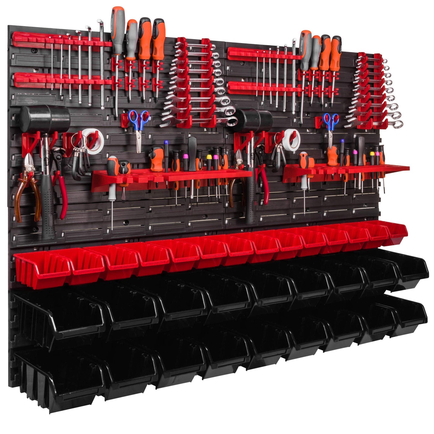 Storage System Wall Shelf 115 x 78 cm, Tool Holders, Pack of 56 Stacking Boxes, Storage Boxes, Extra Strong Wall Plates, Shelf Expandable, Workshop Shelf, Storage Shelf, Workshop Wall Shelf