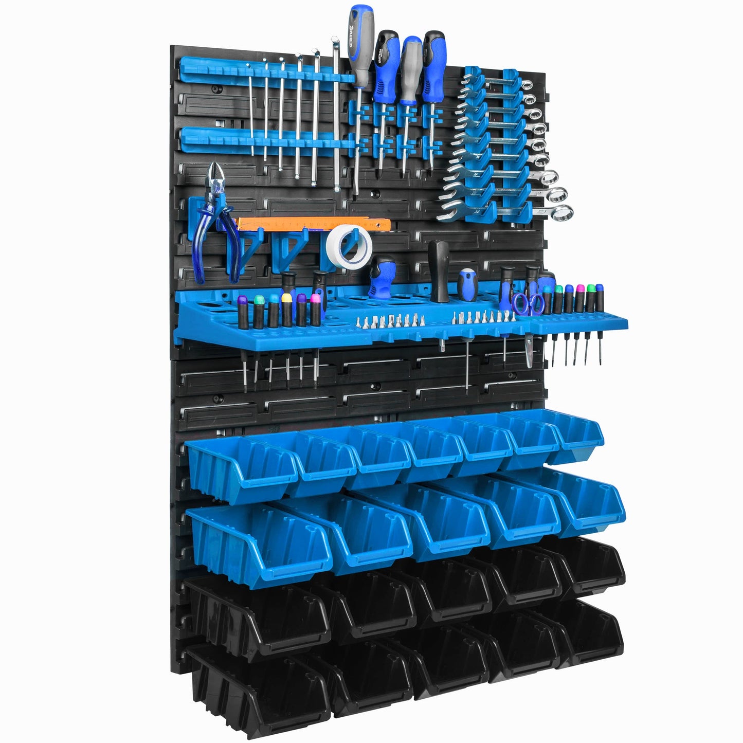 Storage System Wall Shelf 576 x 780 mm, Tool Holders, 28 pcs. Stacking Boxes Storage Boxes Extra Strong Wall Shelves Expandable Workshop Shelving Workshop Shelf