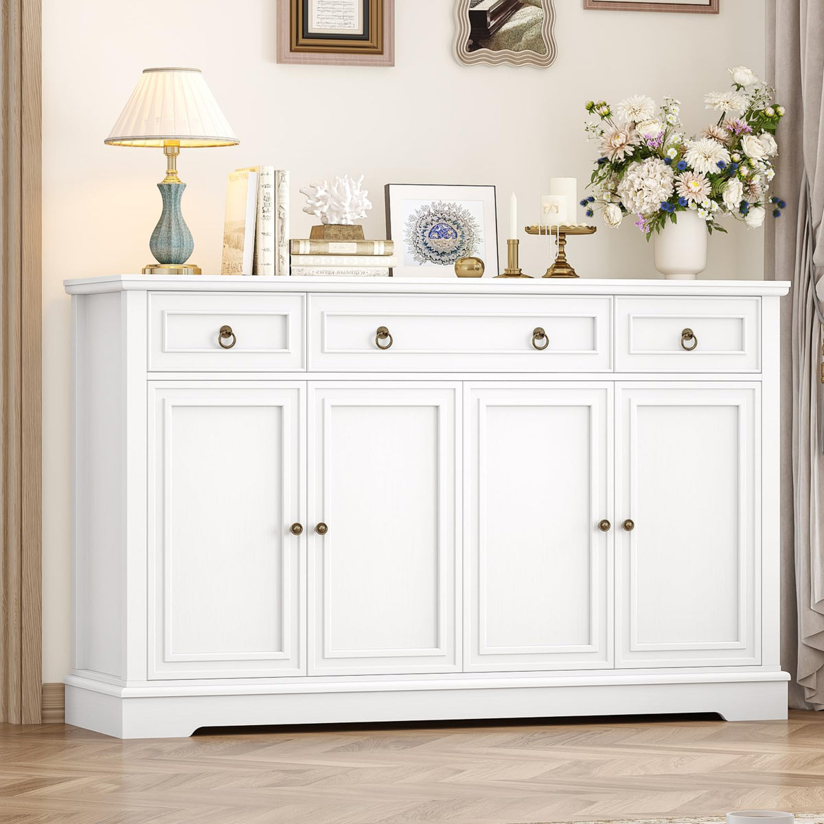 FirFurd Sideboard Kitchen Cabinet with Worktop Buffet Cabinet Sideboard for Kitchen Living Room Cabinet with 3 Drawers and 4 Doors Kitchen Buffet with Adjustable Shelf 134 x 87 x 40 cm White