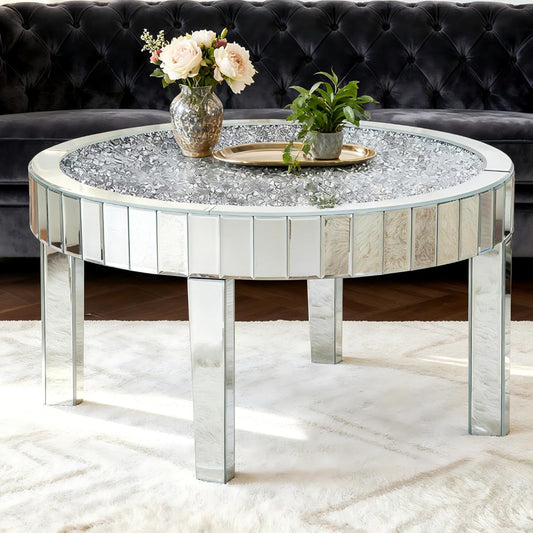 SHYFOY Mirrored Coffee Table Crystal, Round Living Room Table, Sofa Table for Living Room, Top with Crystal Diamonds, MDF Structure, Easy Assembly, Luxurious Mirror Furniture, Silver