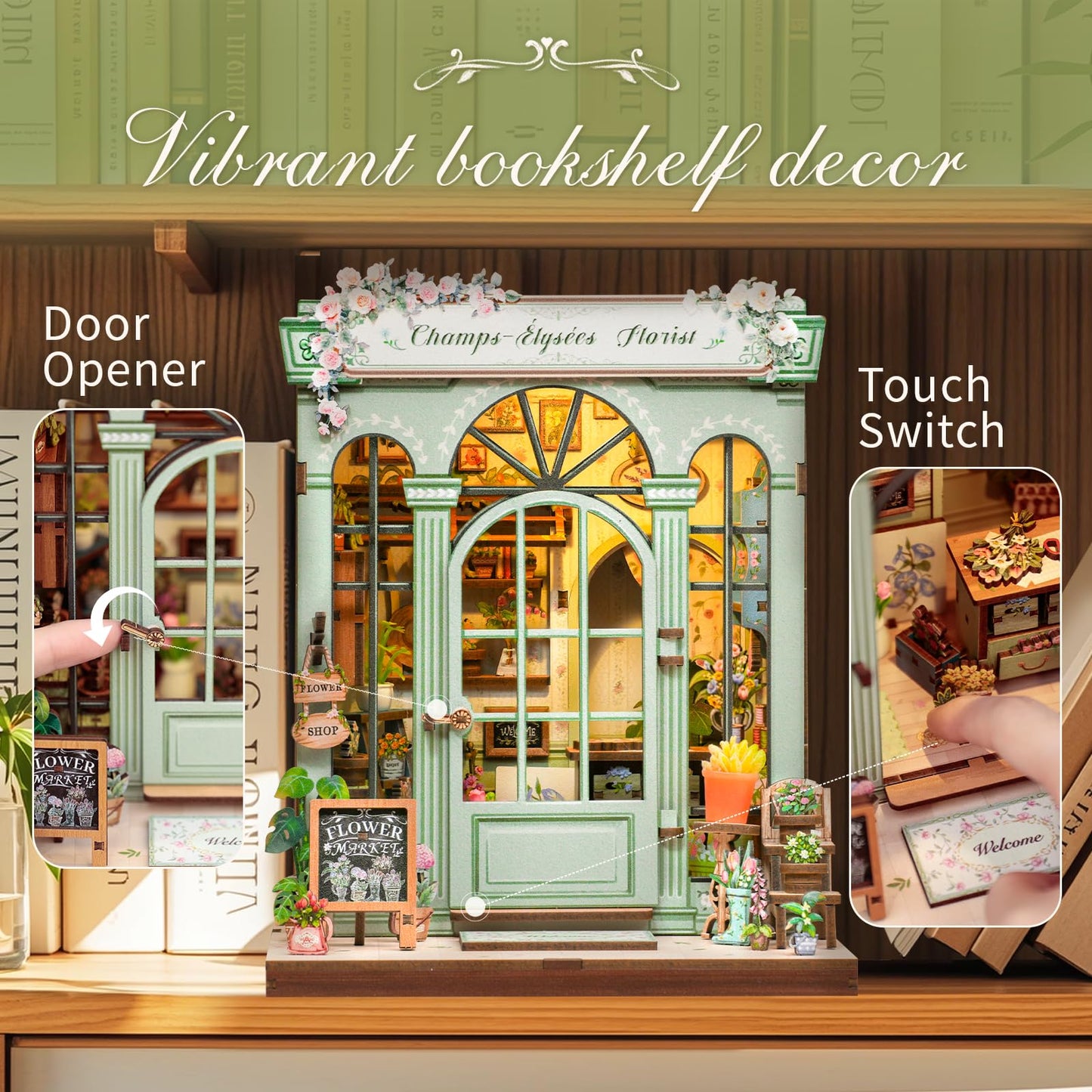 CUTEBEE Book Nook Kit – DIY Puppenhaus Häuser, Miniatur Haus Selber Bauen für Erwachsene, 3D-Holzpuzzle & Buchstütze | Kreatives Set für Bücherregal Dekor | Geschenk,199 PCS (Champs-Élysées Florist)