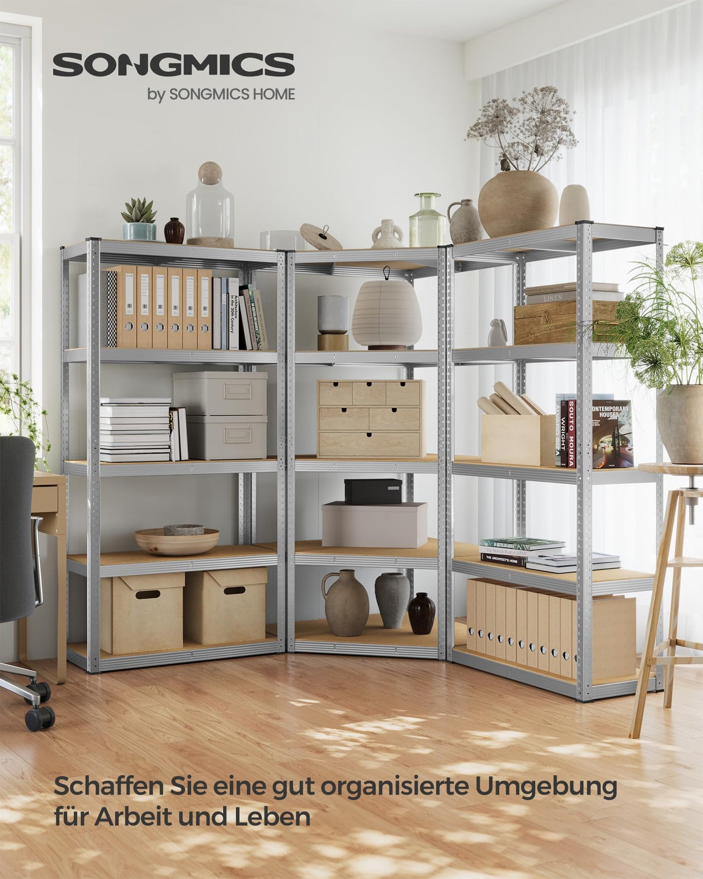 SONGMICS Corner Shelving Set, 5 Levels, Heavy Duty Shelf, Metal, Storage Shelving for Garage, Storage Room, Basement Shelf, Holds up to 2625 kg, Silver/Natural Beige, GLR070E03