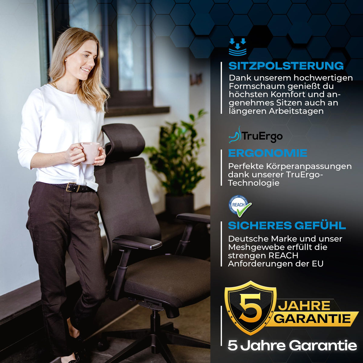 M2 Ergonomic Office Chair, Test Winner with Adjustable Armrest without Headrest for Maximum Freedom of Movement, Back-Friendly, Comfortable Desk Chair for Office and Home Office Chair