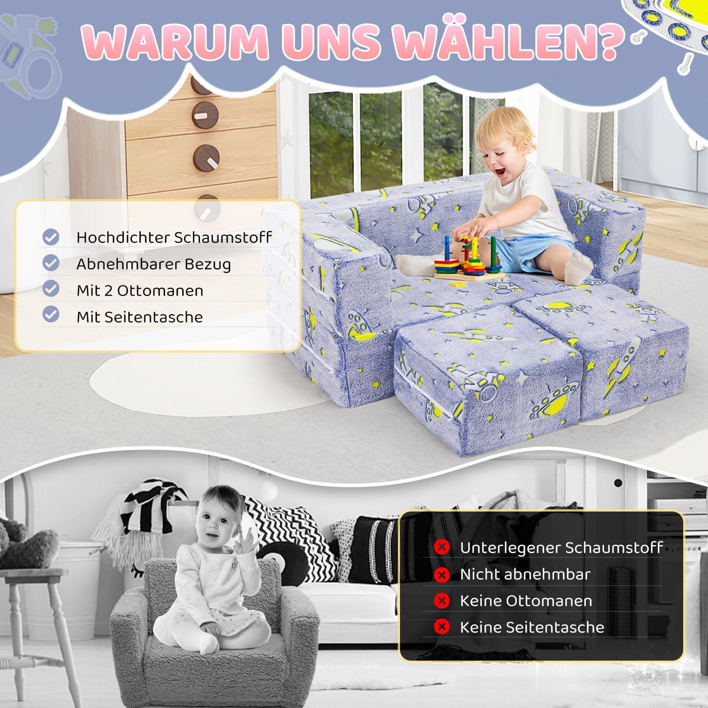 Children's Sofa Fold-Out 2-in-1 Toddler Sofa Bed, Children's Chair with Sleep Function, Mini Couch for Cuddly Corner Children's Room, Fancy Play Sofa for Girls and Boys, Glow in the Dark (Purple)