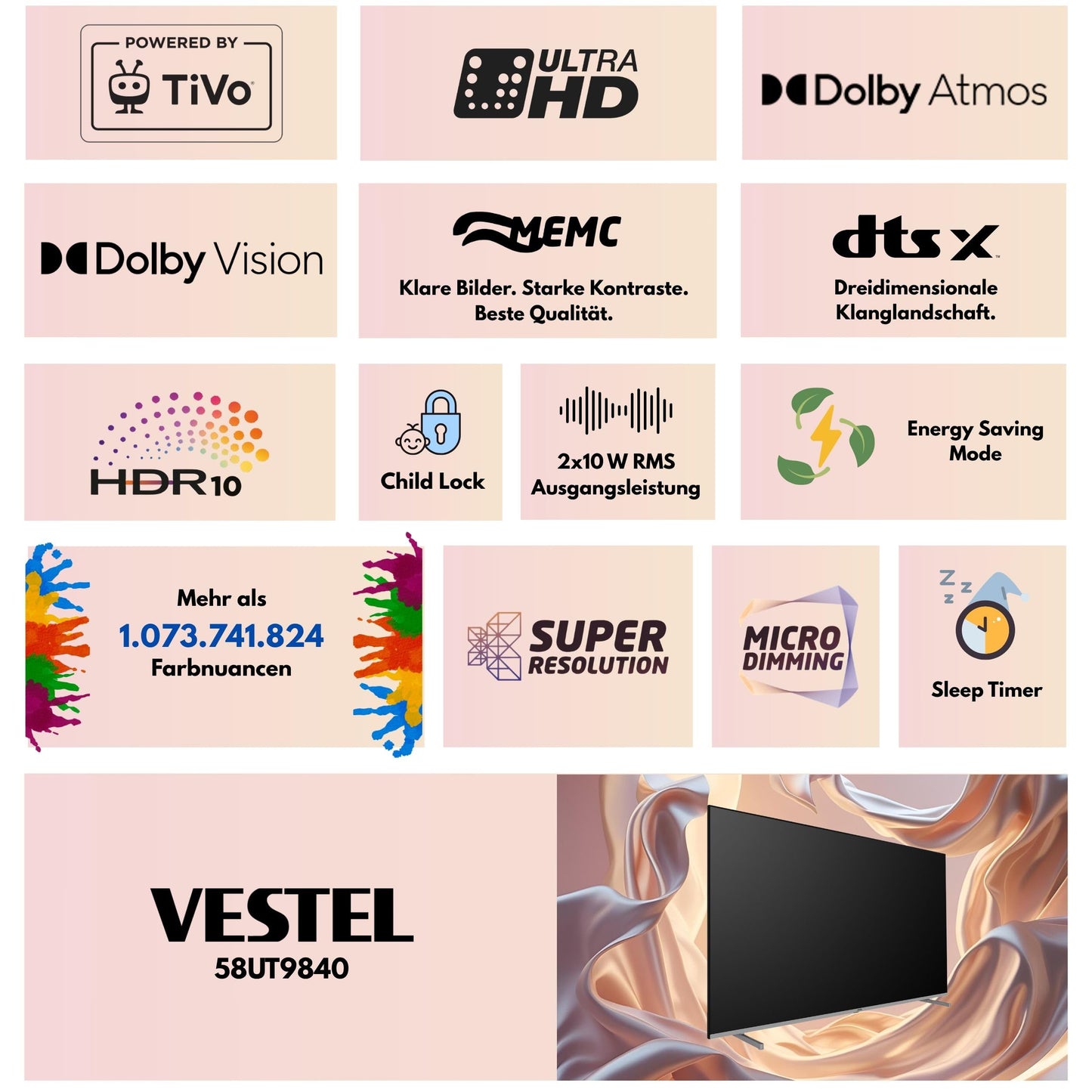 Vestel Fernseher 50 Zoll Smart TV Powered by TiVo, 4K UHD Fernseher mit Dolby Vision HDR, Dolby Atmos und integriertem Triple-Tuner, LED TV 50UT9740 schwarz